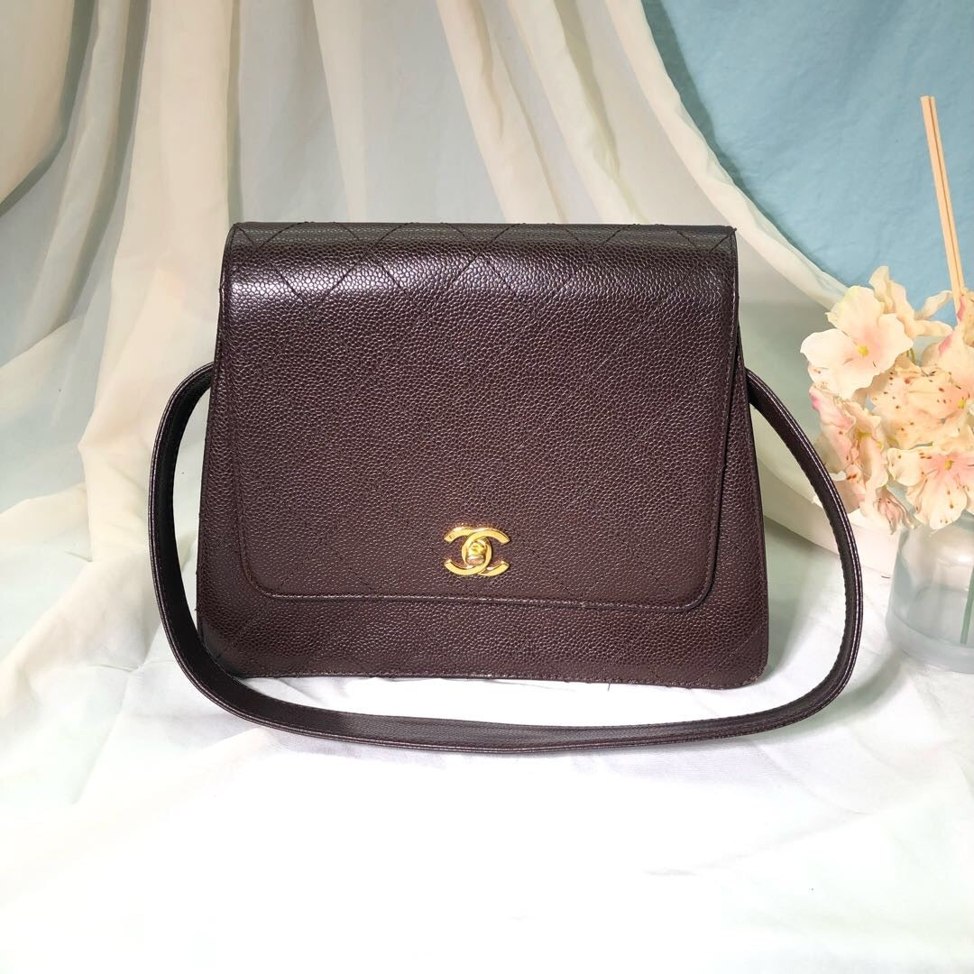 Chanel Kelly Caviar 24k Hardware Brown Gold Leather Shoulder Bag