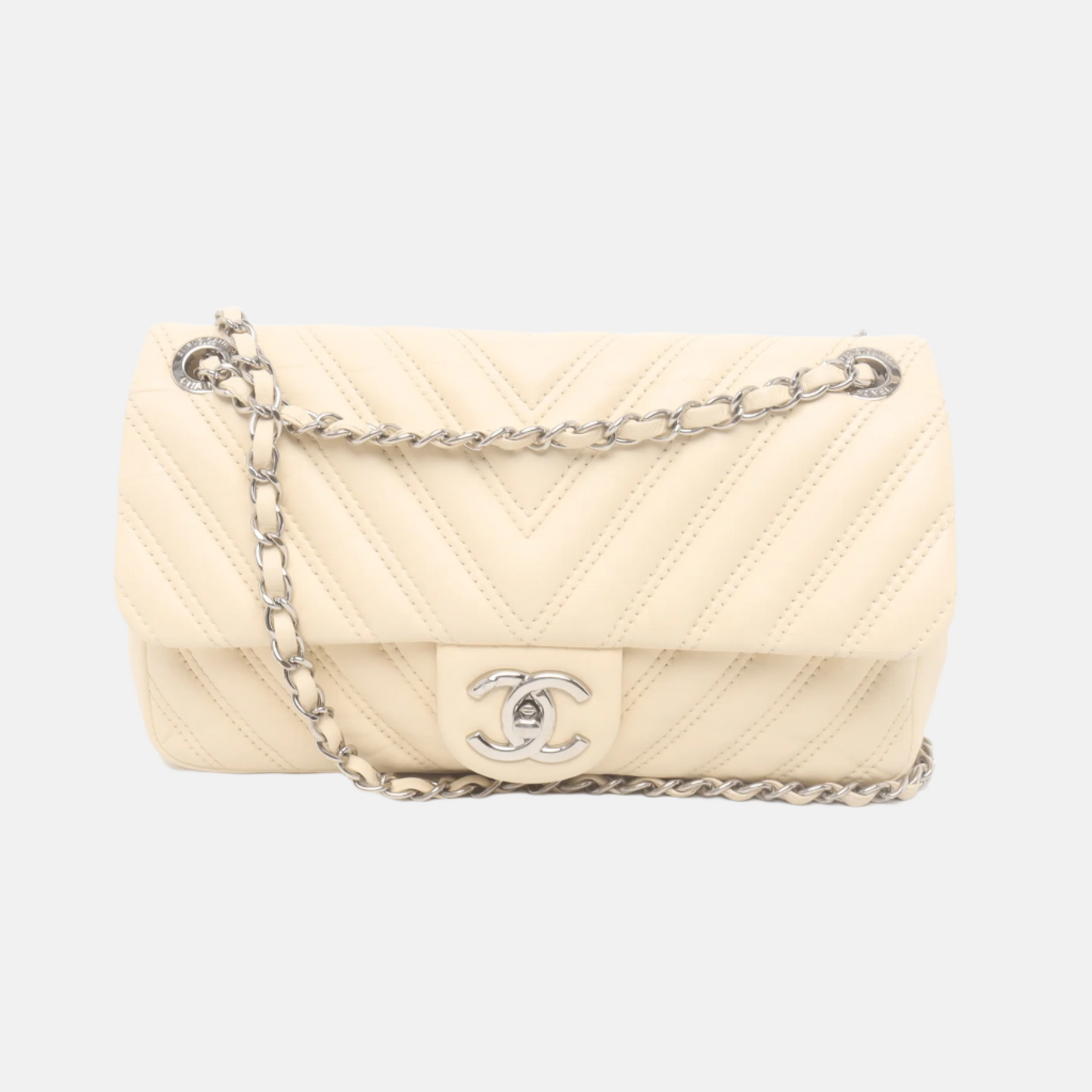Chanel Classic Flap Chevron Quilted Lambskin Beige Leather Handbag