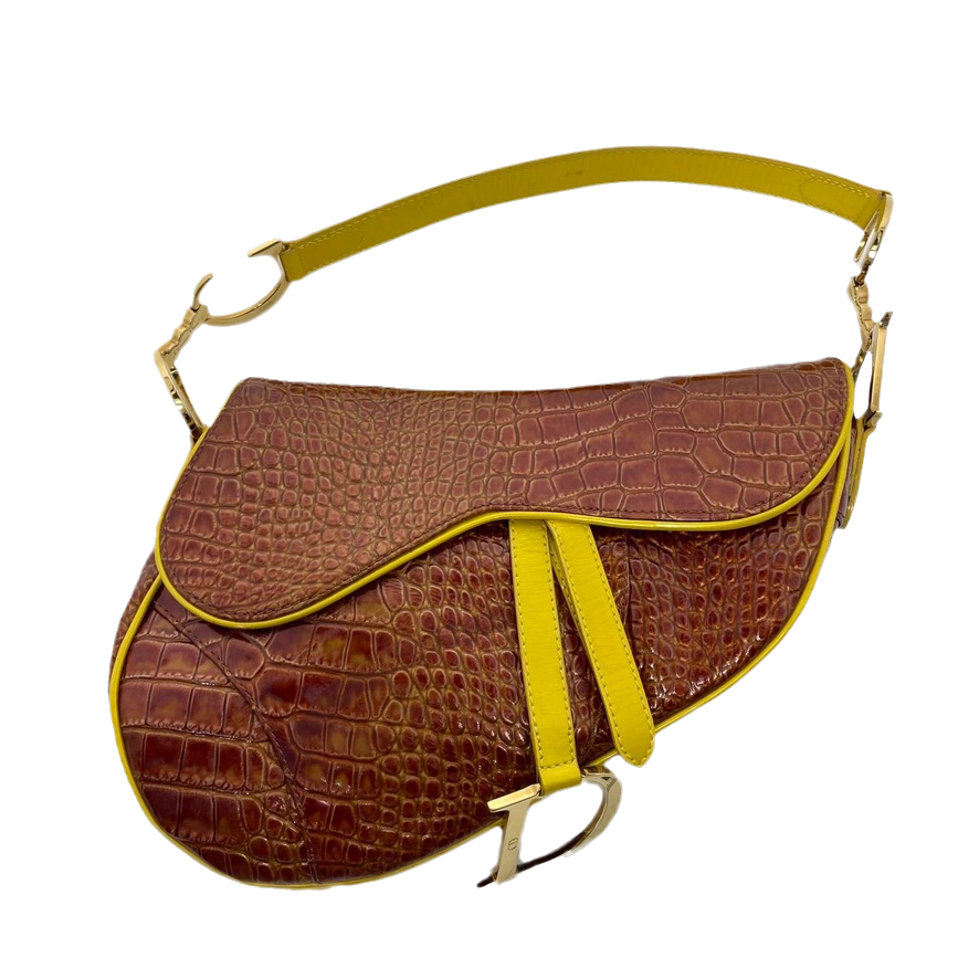 Dior Saddle Crocodile Embossed Handbag Leather Brown Travel Bag