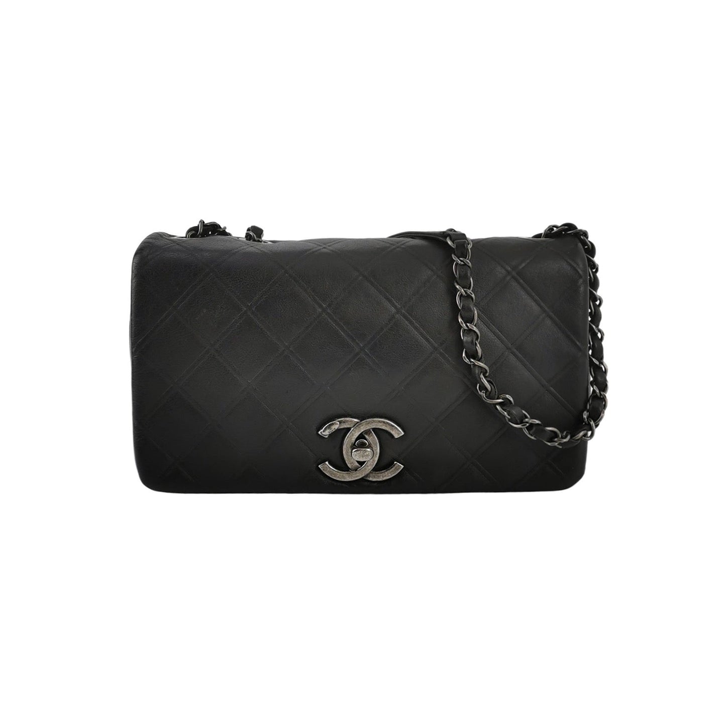 Chanel CC Matelasse Calfskin Single Flap Hardware Black Silver Leather Shoulder Bag