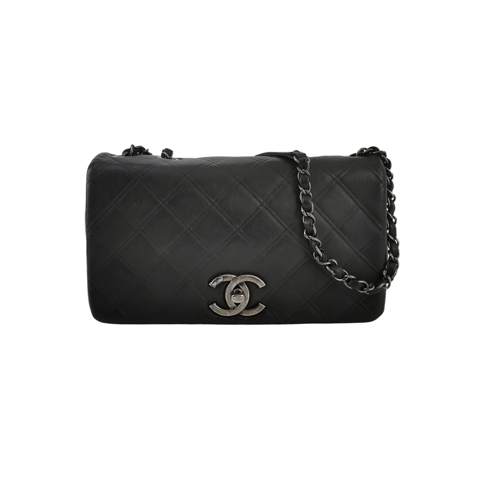 Chanel CC Matelasse Calfskin Single Flap Hardware Black Silver Leather Shoulder Bag