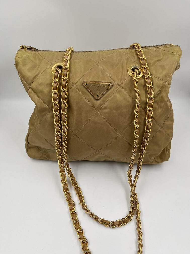 Prada Tote With Handle Nylon Beige Chain Tote Bag