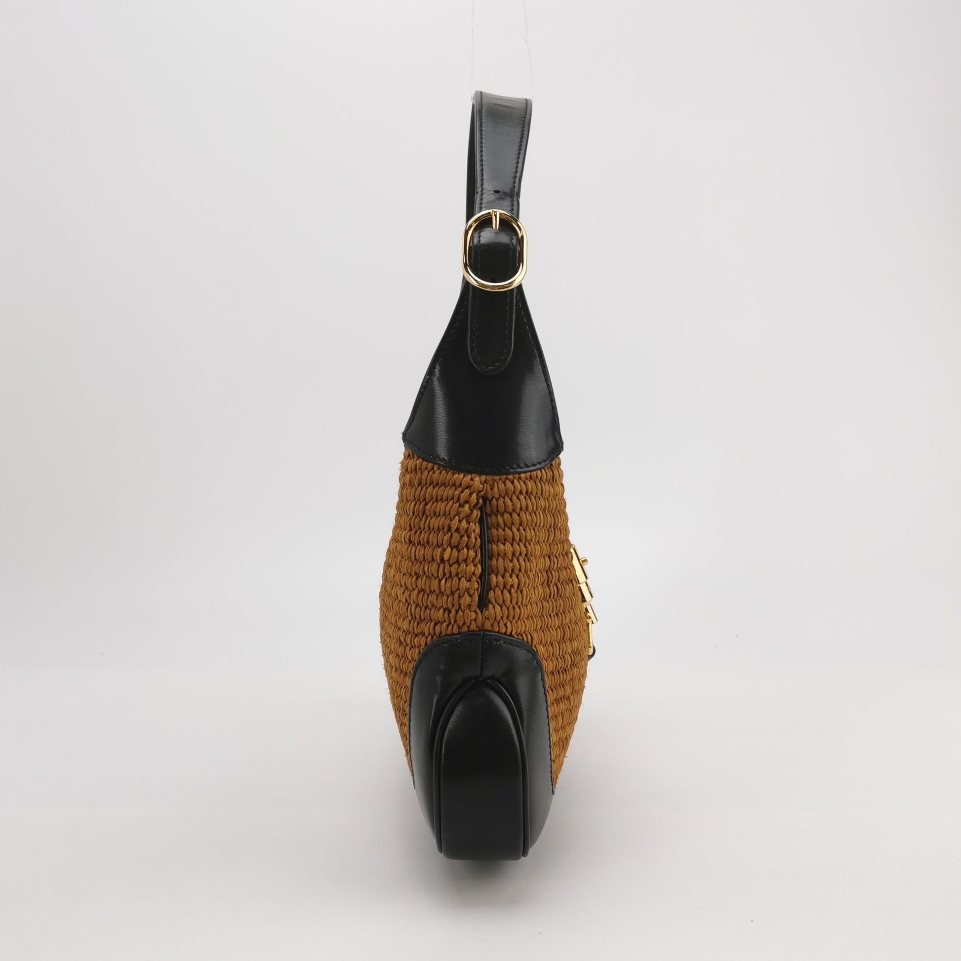 Gucci Jackie Camel Wicker Bag Gold Hardware Strap Leather Black Travel Bag