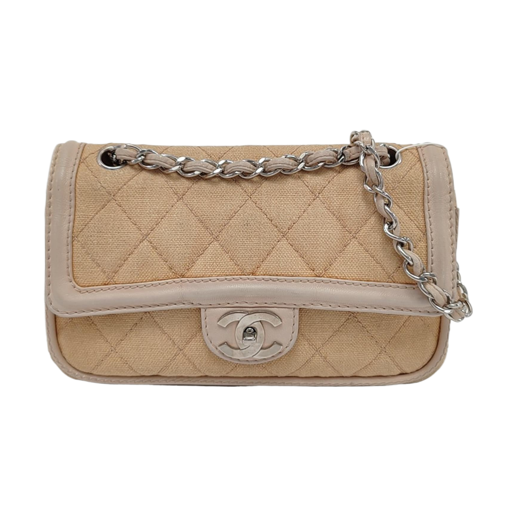 Chanel Classic Flap Hardware Silver Beige Canvas Leather Handbag