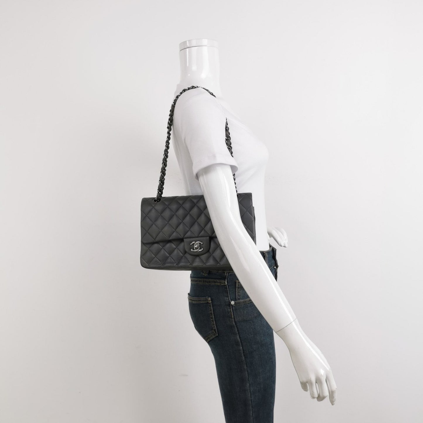 Chanel Classic Flap Lambskin Hardware Silver Grey Leather Handbag Silver Hardware