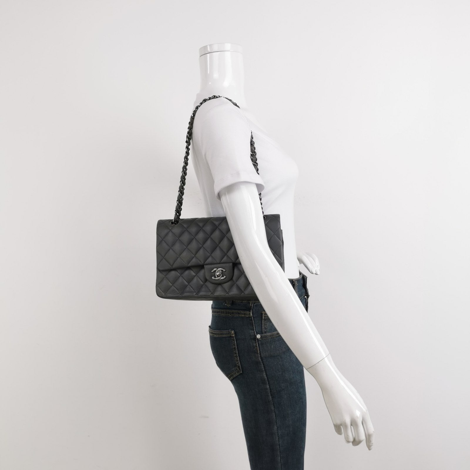 Chanel Classic Flap Lambskin Hardware Silver Grey Leather Handbag Silver Hardware