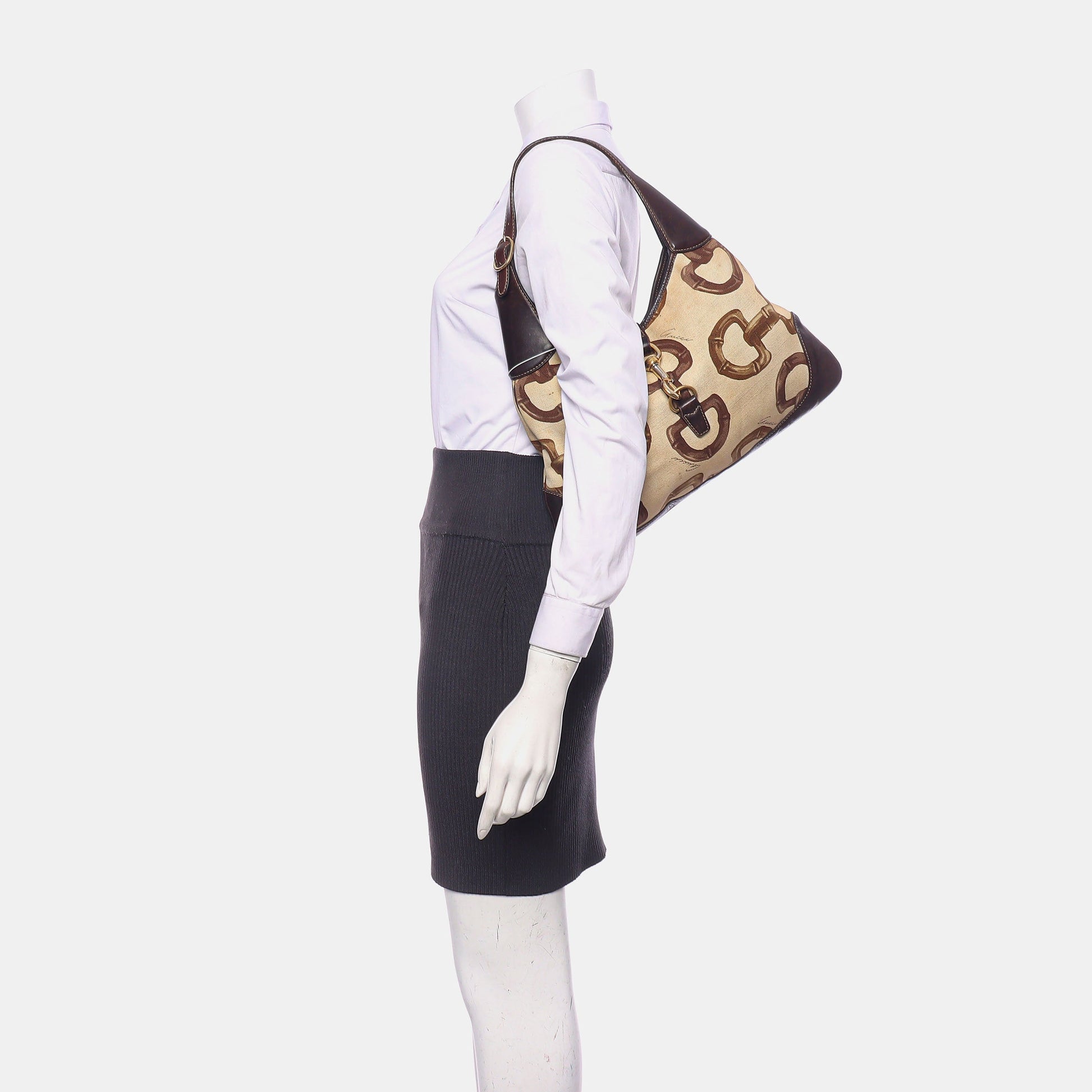 Gucci Jackie Horsebit Print Cloth Hardware Leather Brown Gold Medium Travel Bag