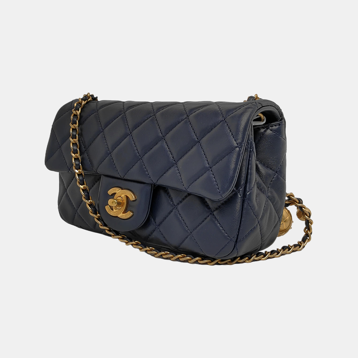 Chanel Classic Flap Rectangular Navy Lambskin Pearl Gold Mini Bag