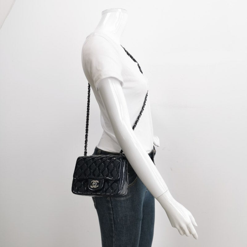 Chanel Square Classic Flap Navy Patent Leather Crossbody Bag