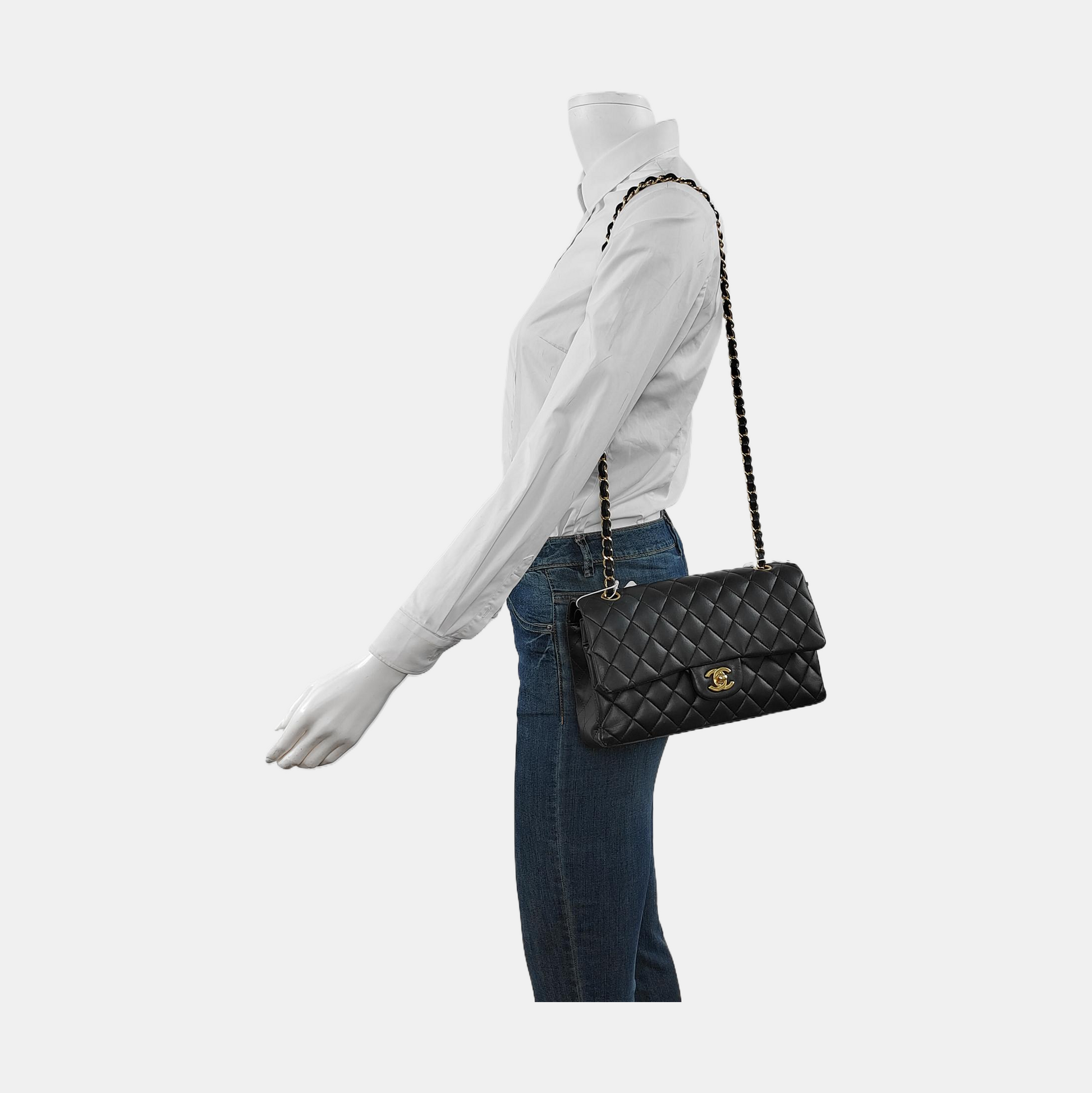 Chanel Timeless Classic Flap Lambskin Hardware Black Gold Leather Handbag Gold Hardware