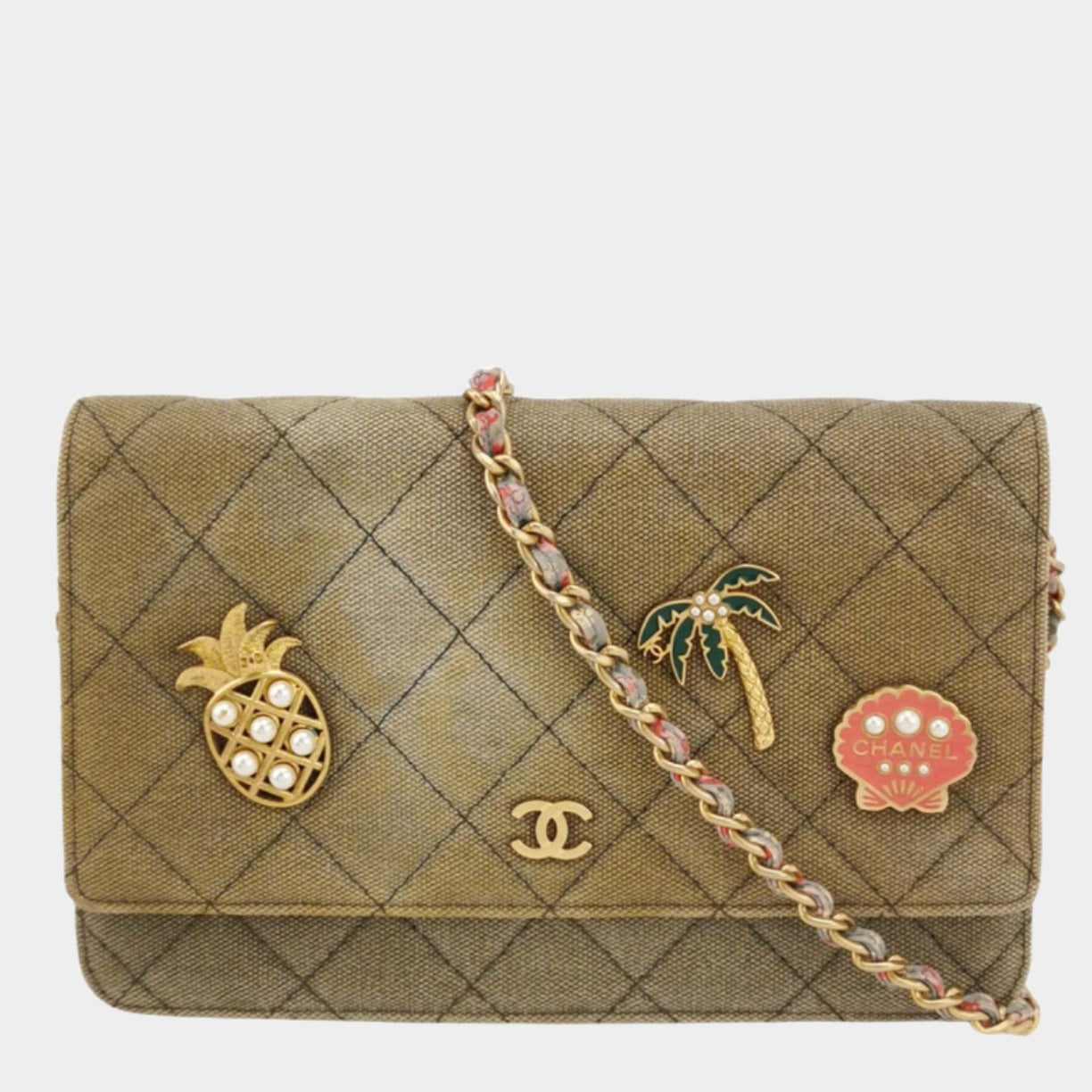 Chanel on Khaki Quilted Coco Cuba Charms Canvas Key Chain