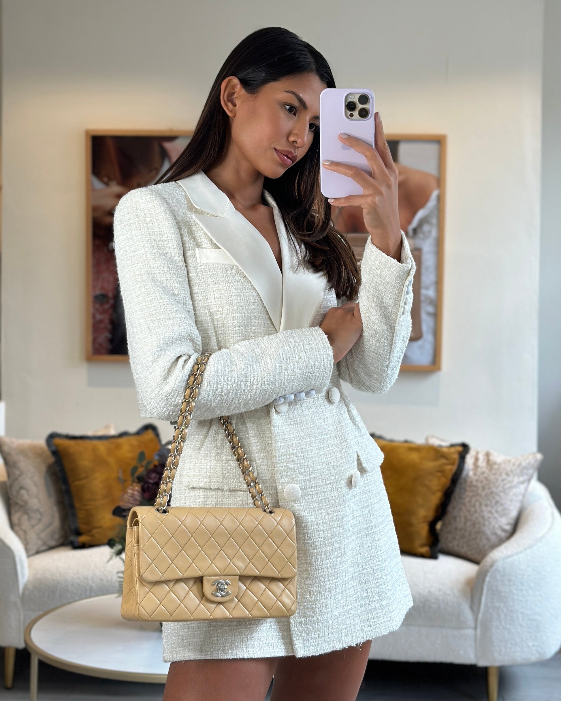 Chanel Beige Classic Medium Double Flap Bag In Lambskin Leather With Silver Hardware