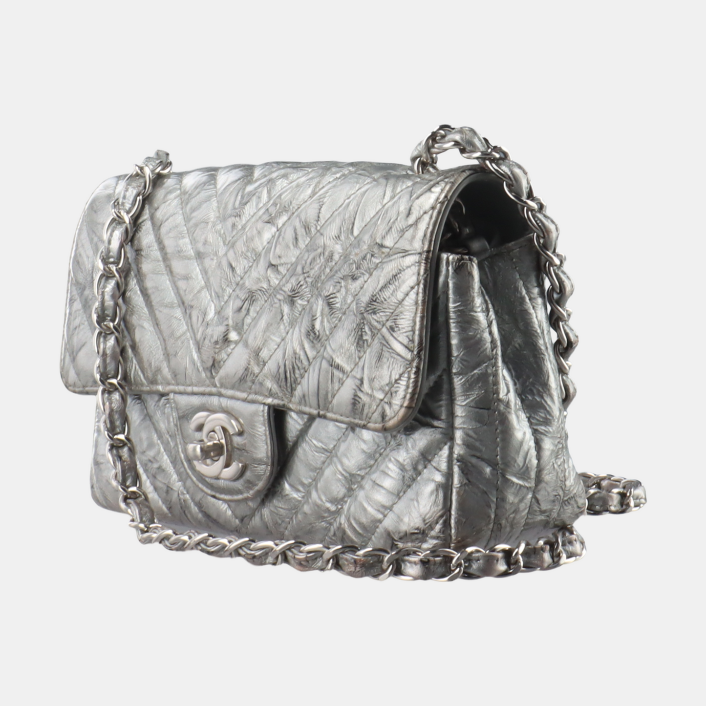 Chanel Classic Flap Rectangular Patent ed Silver Mini Bag