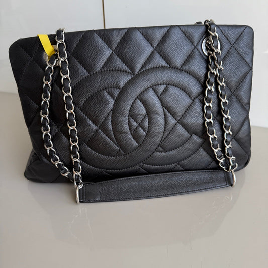 Chanel CC Logo Soft Quilted Caviar Hardware Black Silver Leather Tote Bag