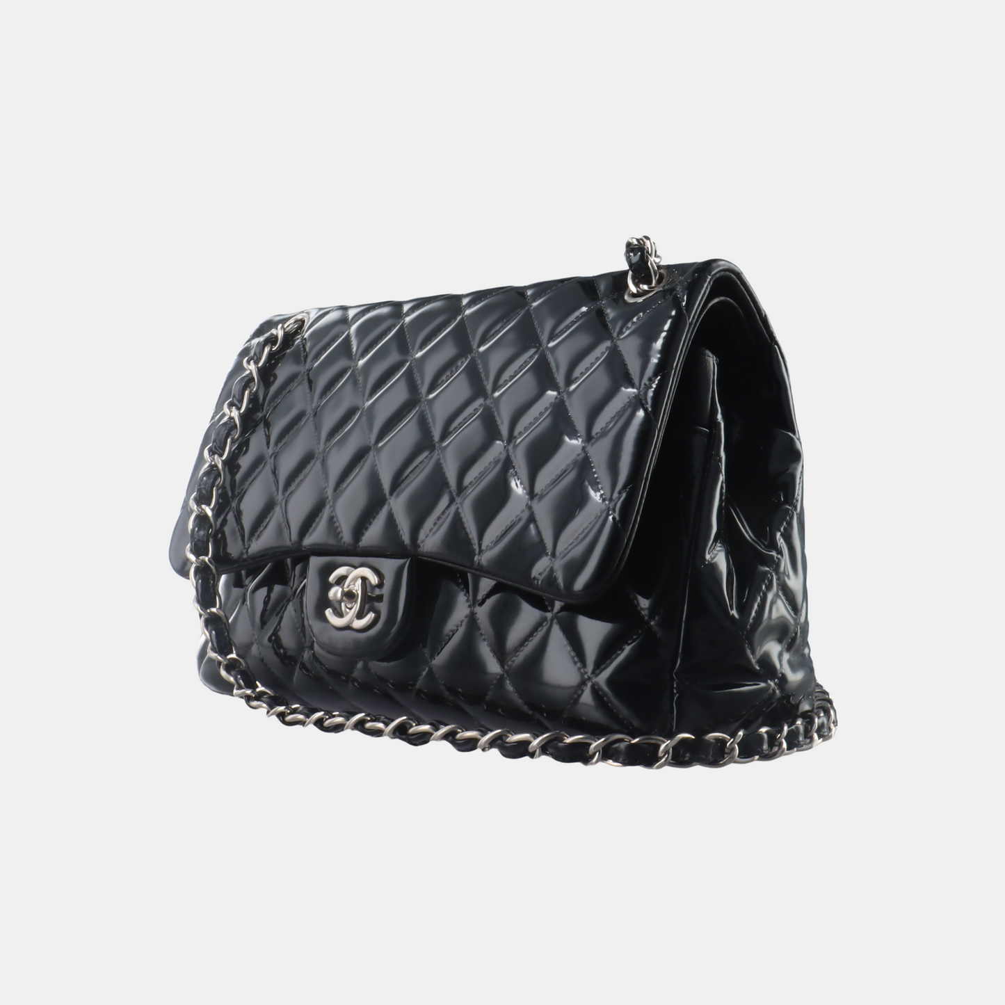 Chanel Classic Flap Jumbo Patent Hardware Black Silver Leather Handbag