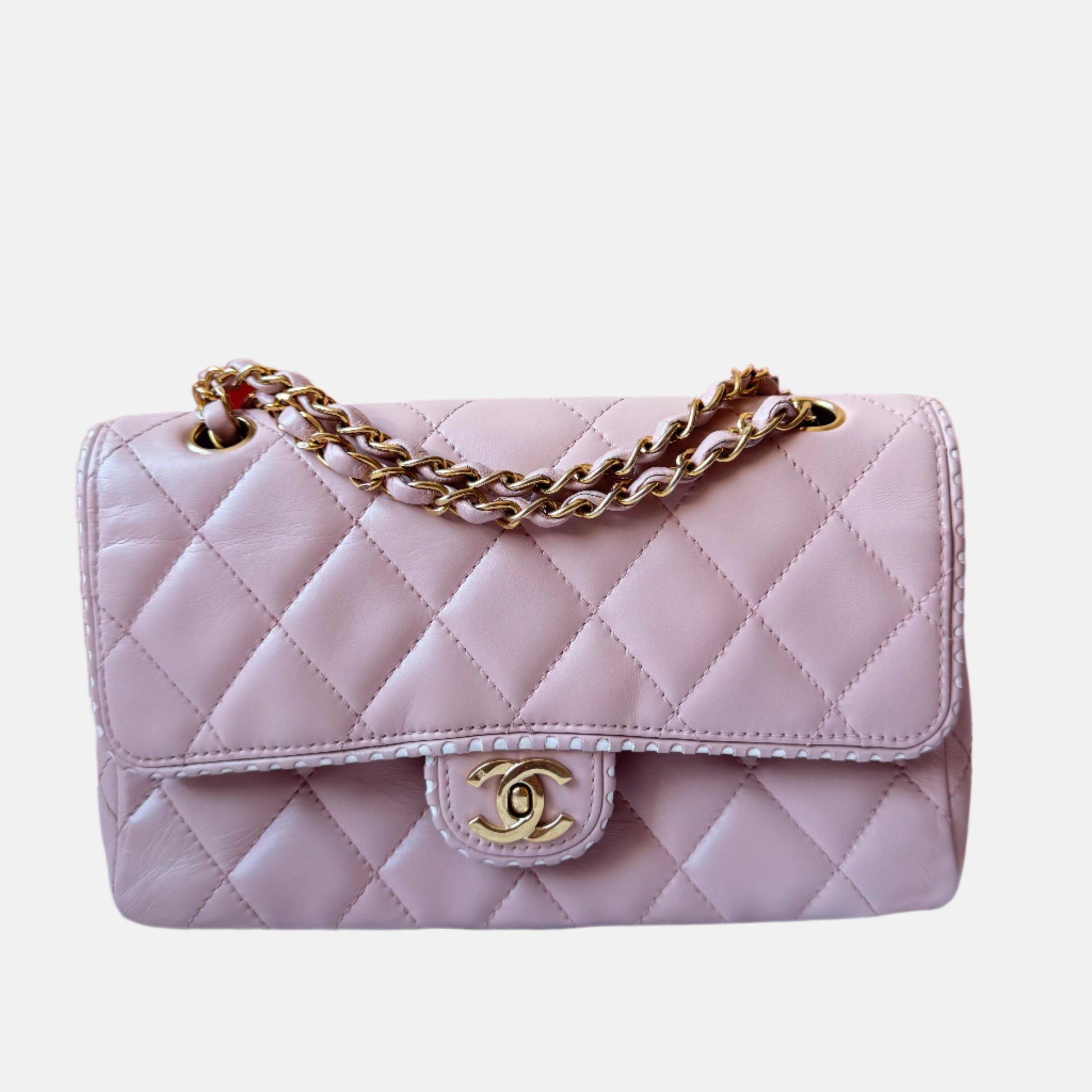 Chanel Classic Flap Happy Stitch Contrast Trim White Pink Leather Handbag