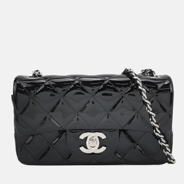 Chanel Classic Flap Rectangular Super Patent Hardware Black Silver Leather Mini Bag