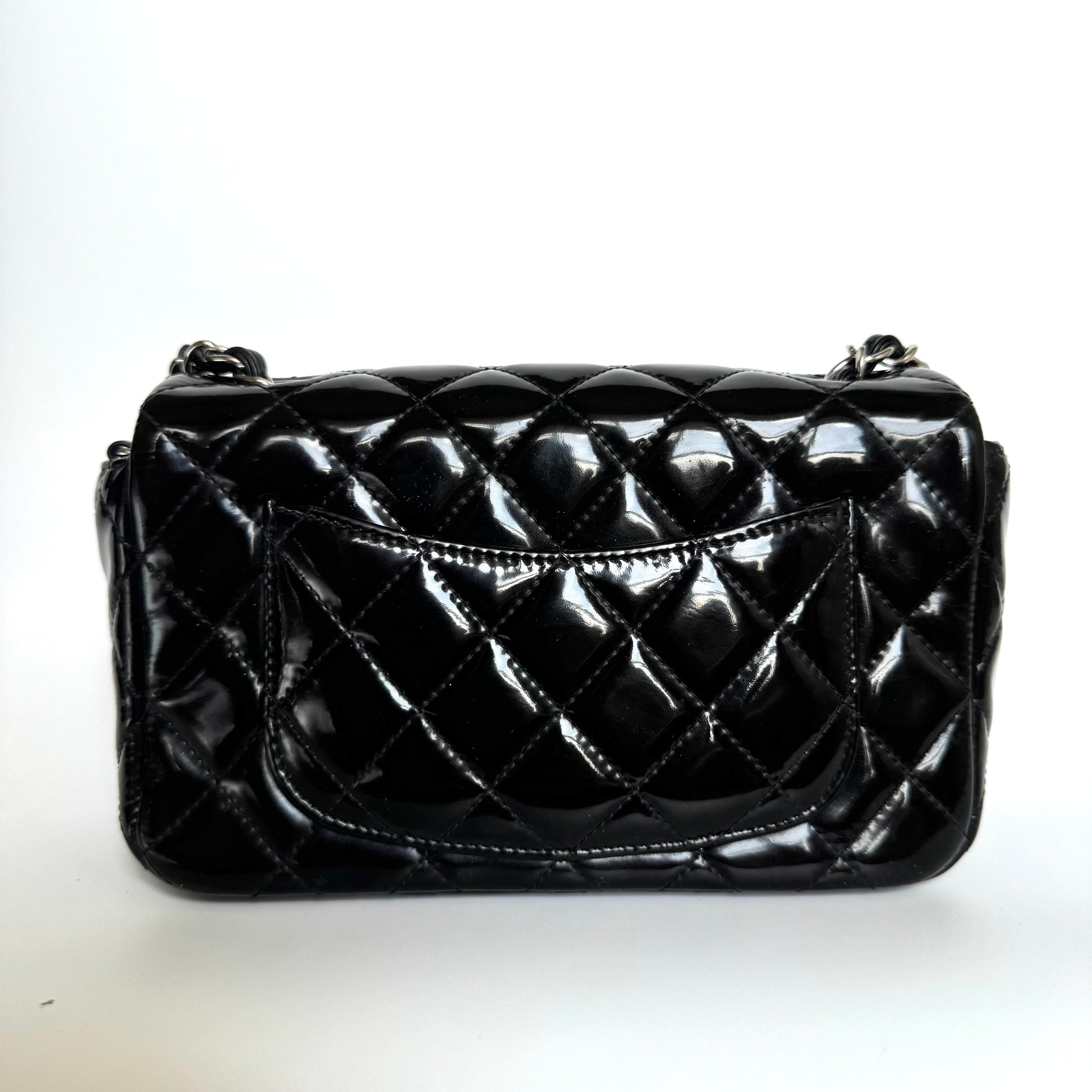 Chanel Classic Flap Rectangular Super Patent Hardware Black Silver Leather Mini Bag Silver Hardware