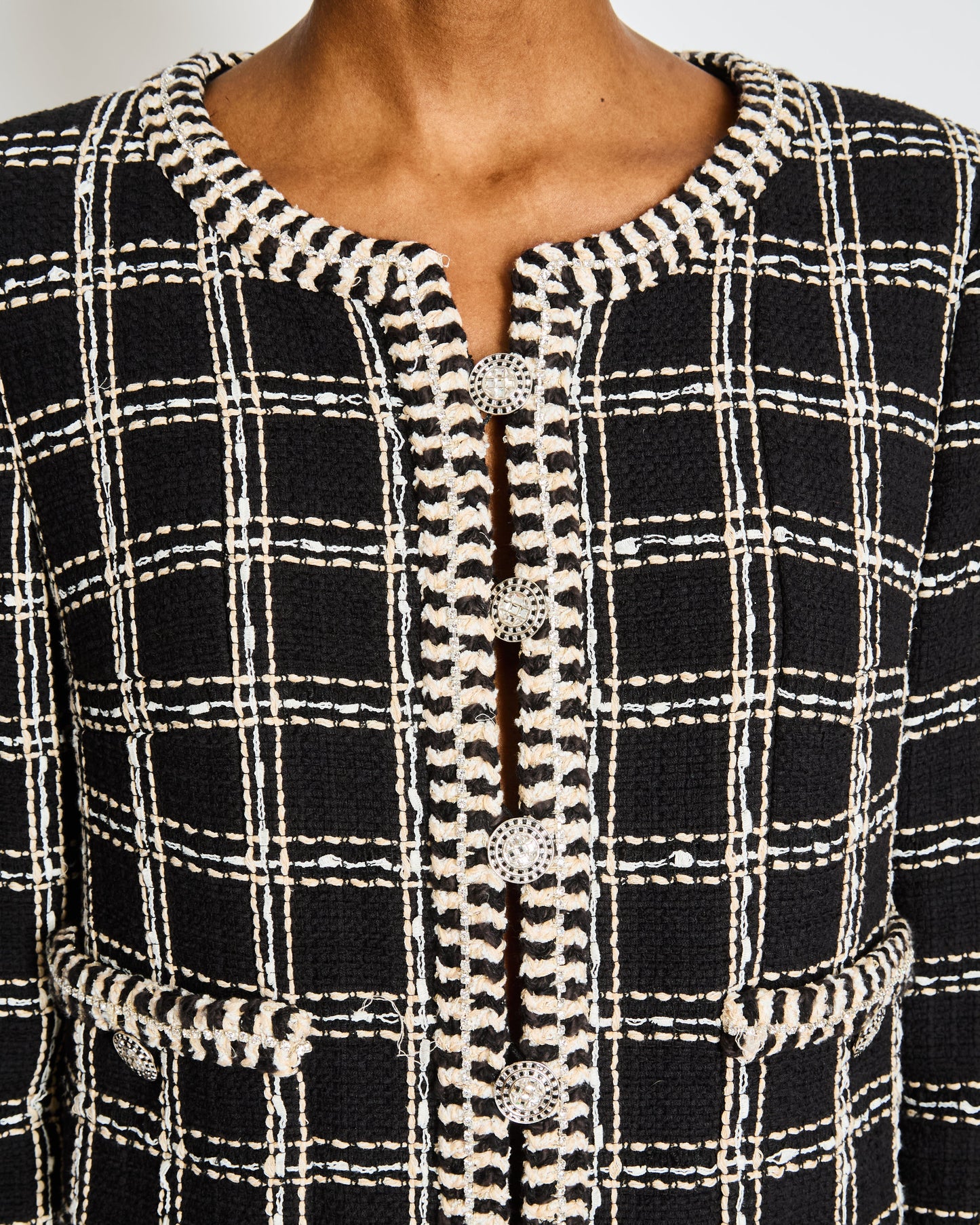 Chanel Cruise 2023 Black and White Tweed Mini Dress with Crystal Contrast Trim and Embellished Buttons Size FR 38 (UK 10)