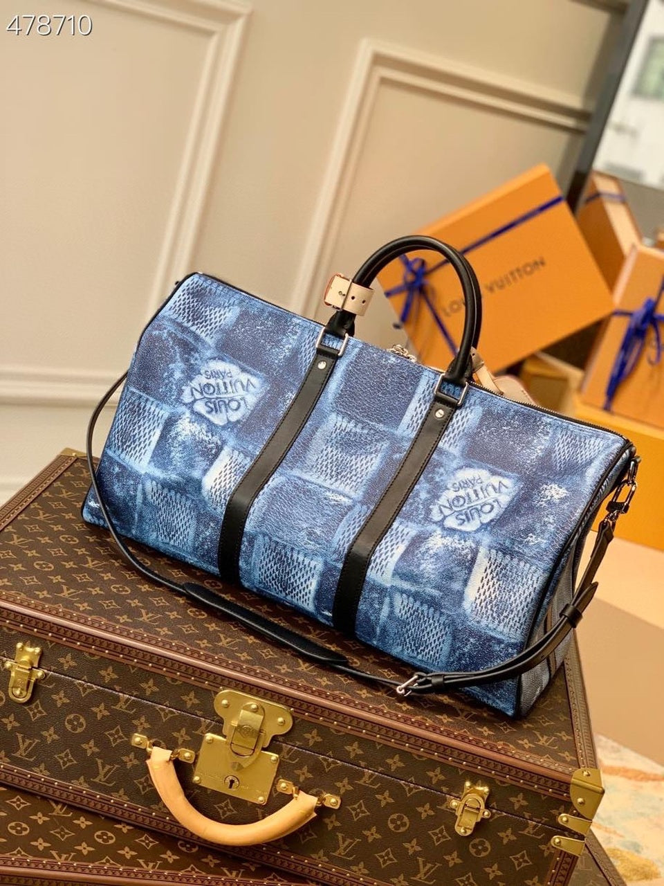 Top Quality Keepall Bandouliere Damier Salt Ocean Canvas Blue Travel Bag