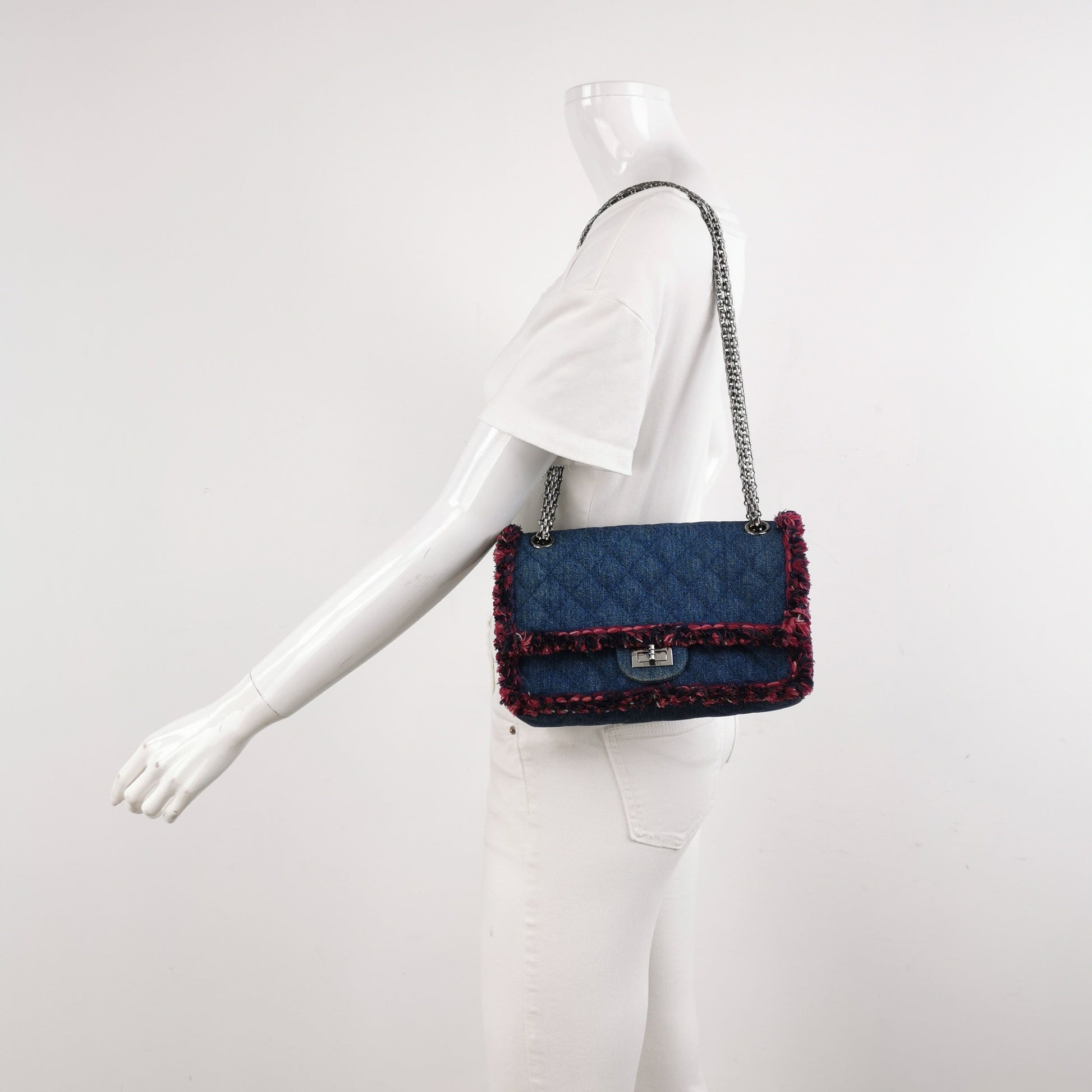 Chanel 2.55 Double Flap Denim Tweed Edges Silver Handbag