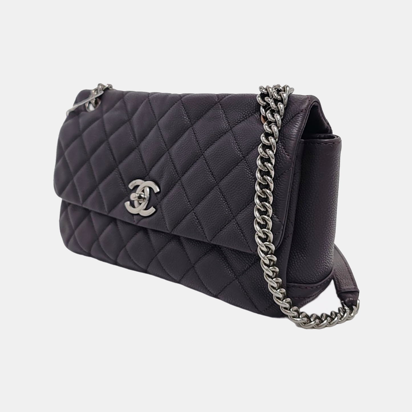 Chanel Single Flap Raisin Dark Purple Calfskin Silver Leather Shoulder Bag