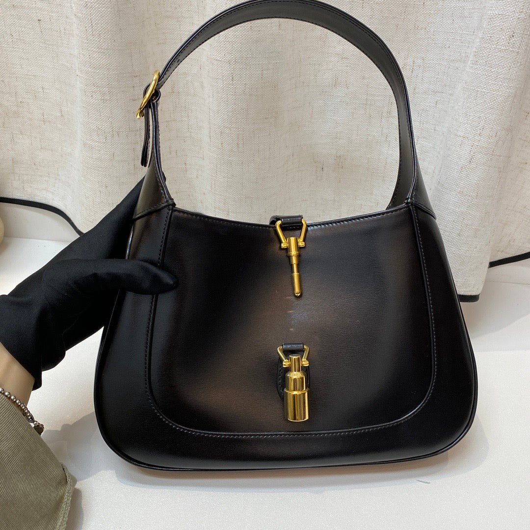 Gucci Jackie Piston Lock Strap Leather Black Small Travel Bag Strap 1