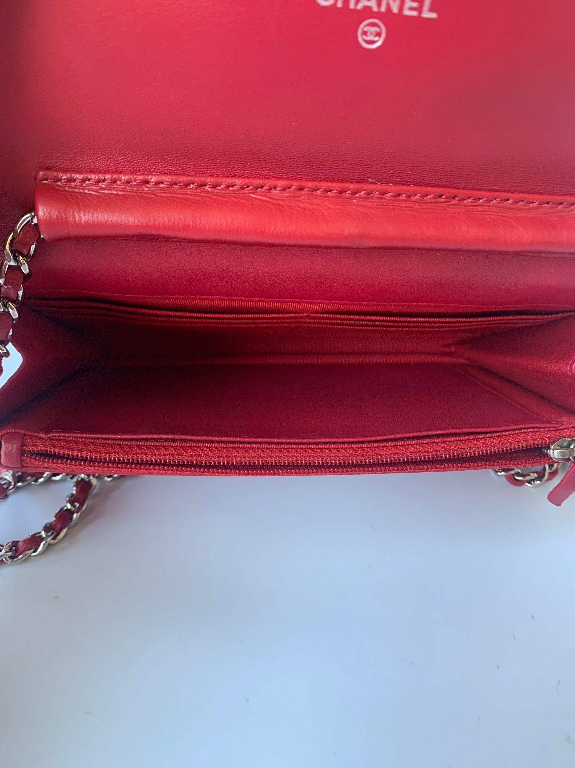 Chanel On Chains WOC Timeless Classic Lambskin Red Leather Wallet Case