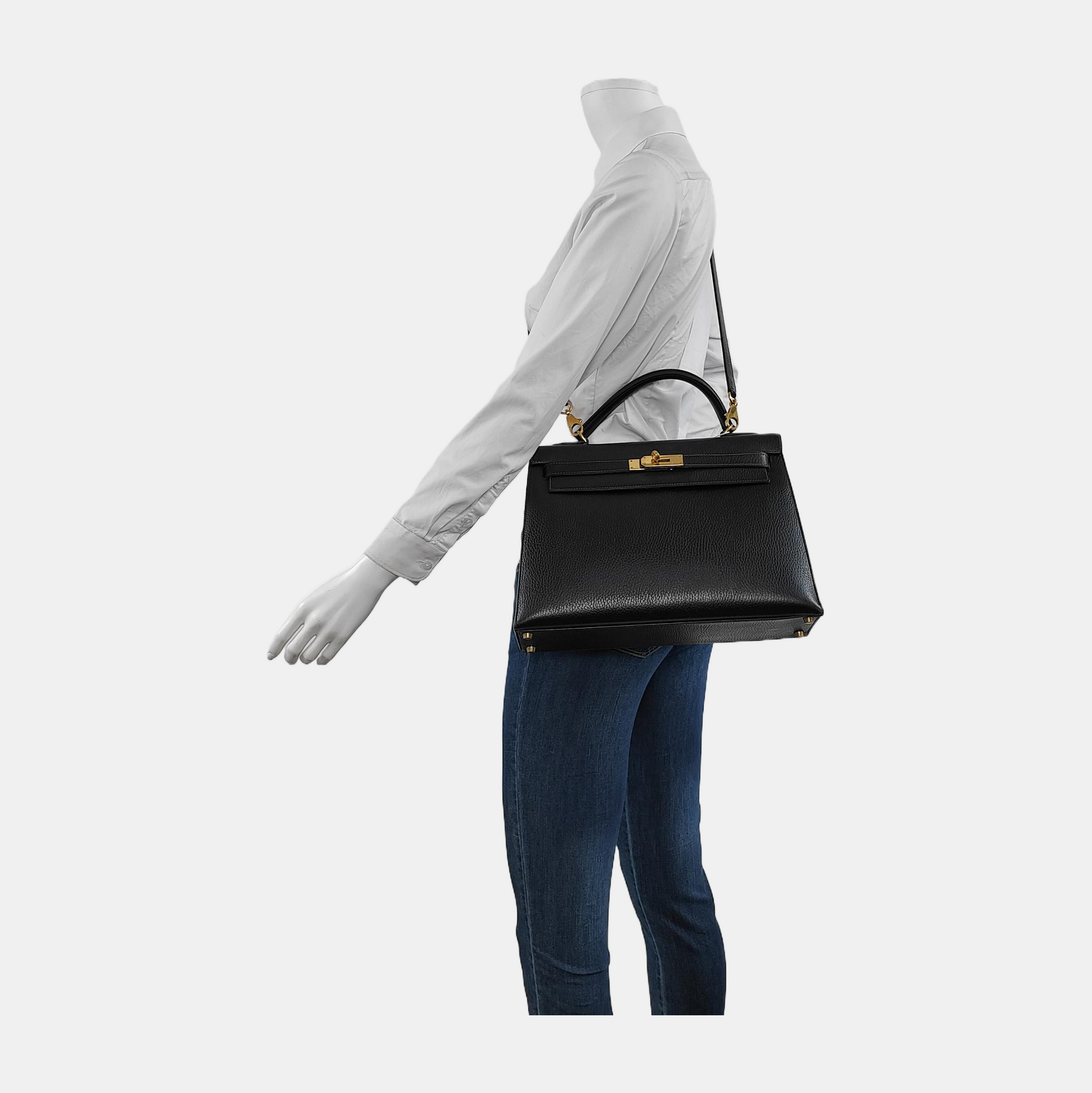 Hermes Kelly Sellier Clemence Hardware Handbag Leather Black Travel Bag