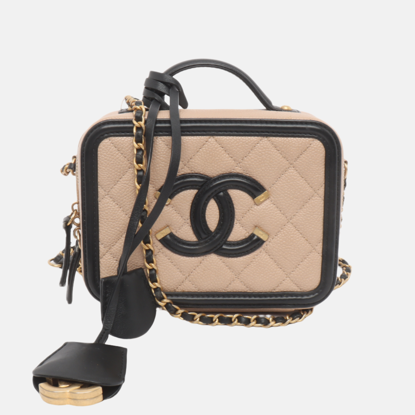 Chanel Filigree Vanity Caviar Trim Black Beige Leather Mini Bag