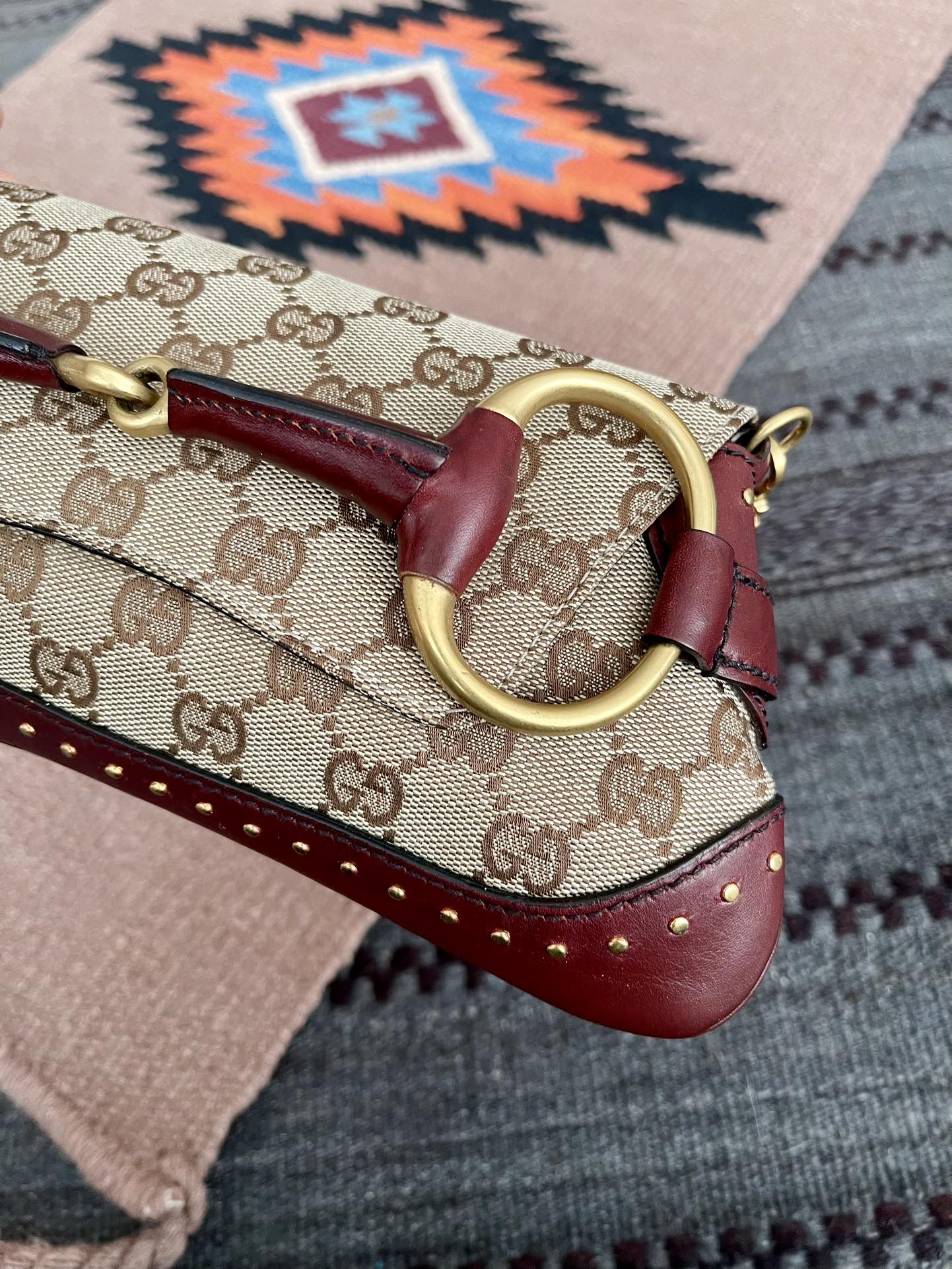 Gucci Horsebit Small Cloth Burgundy Shoulder Bag Leather Monogram
