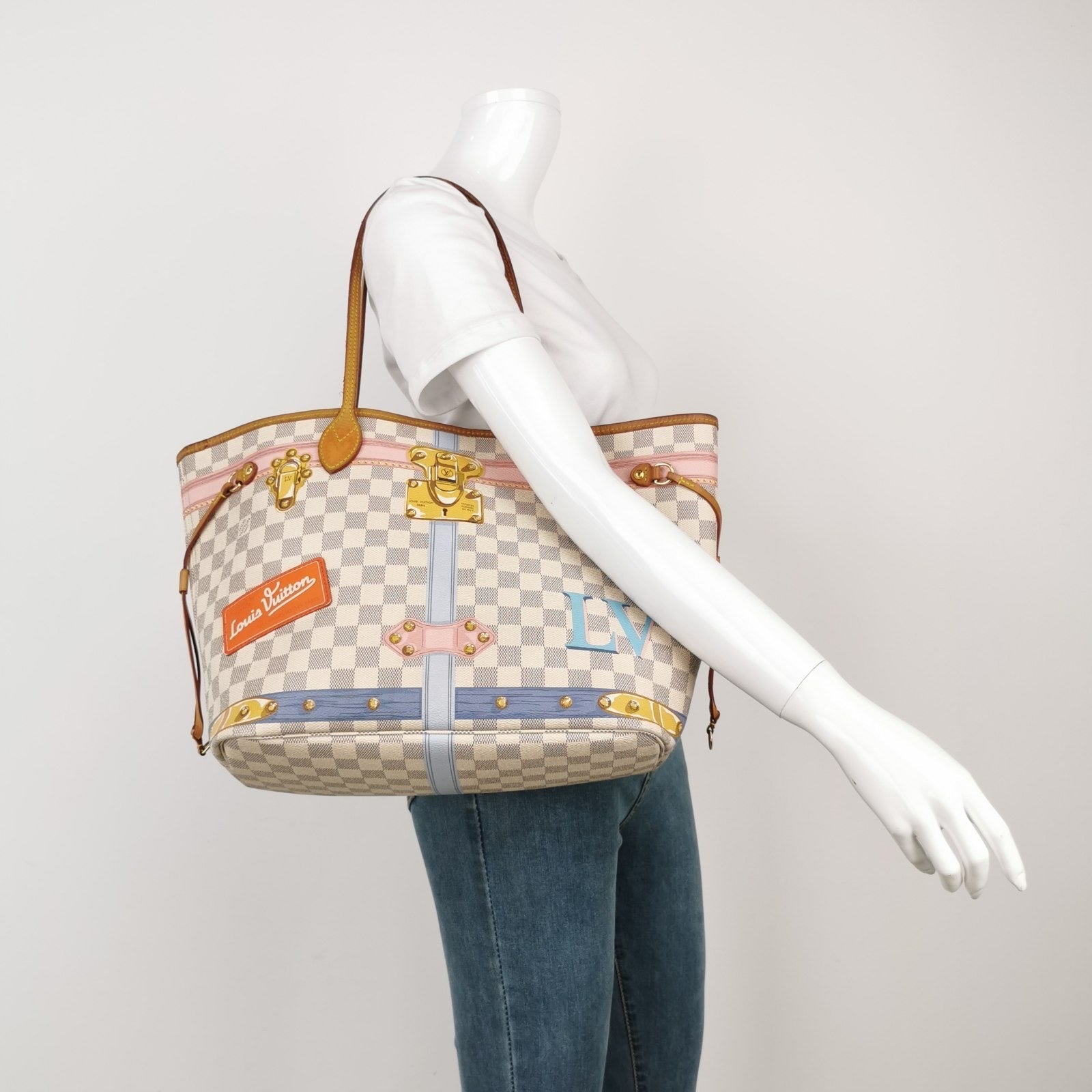Louis Vuitton Azur Summer Trunks Neverfull MM Damier White Tote Bag