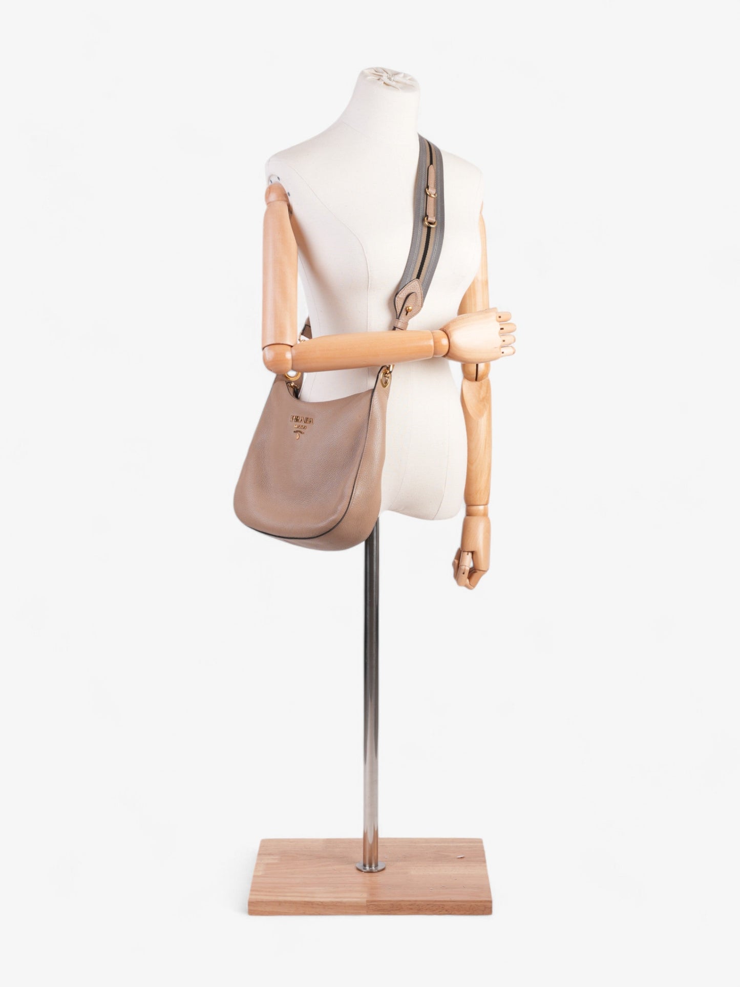 Prada Zipped Hobo Taupe Calfskin Leather Crossbody Bag