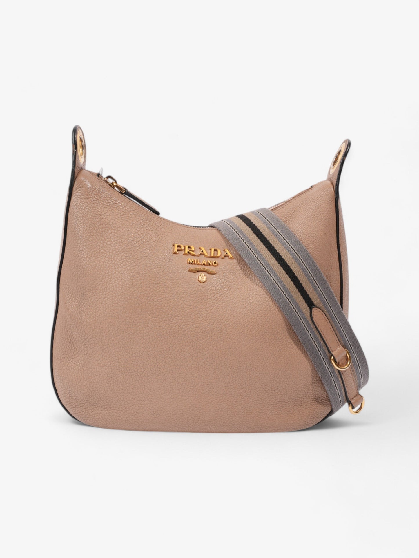 Prada Zipped Hobo Taupe Calfskin Leather Crossbody Bag
