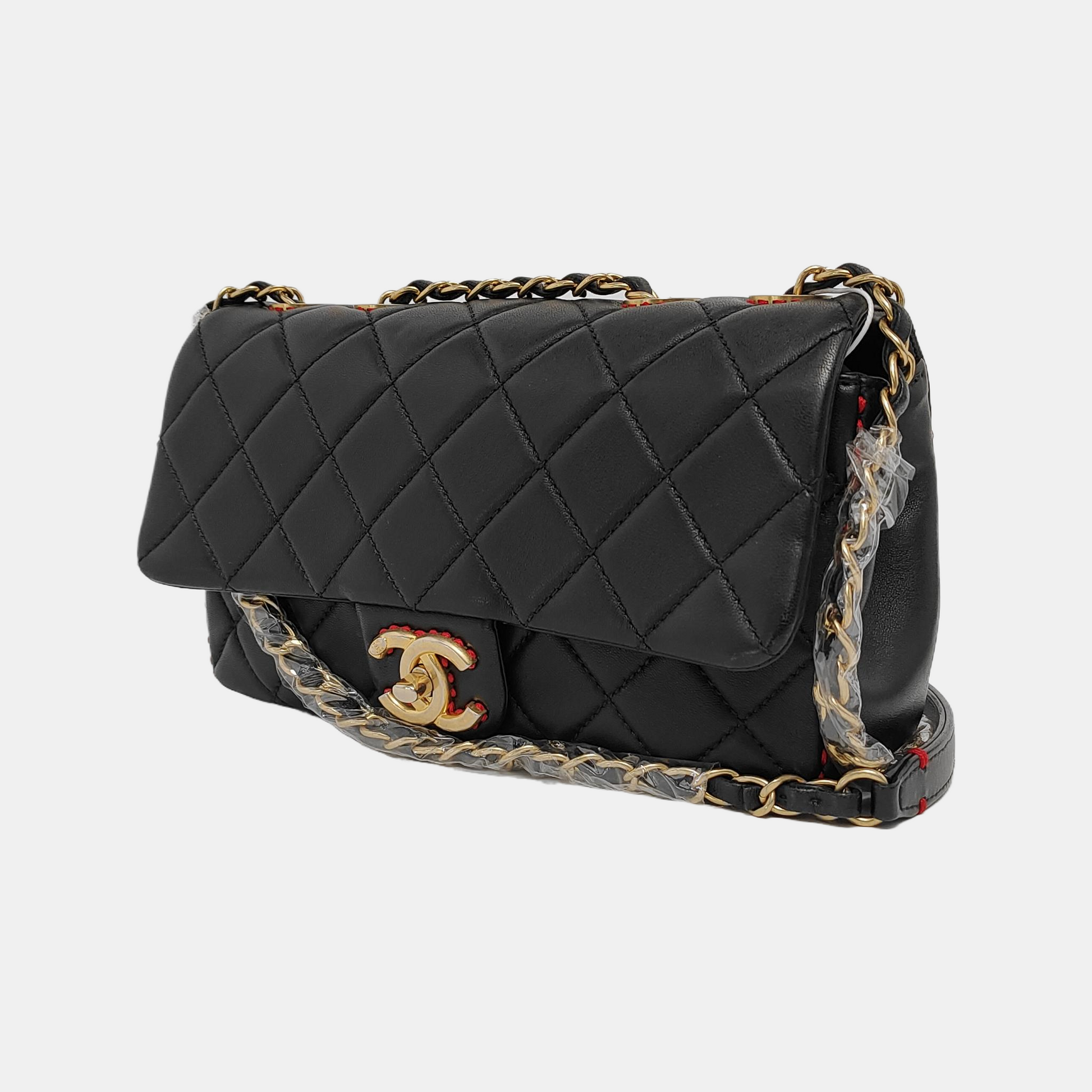 Chanel Lambskin Stitching Single Flap Double Black Red Handbag