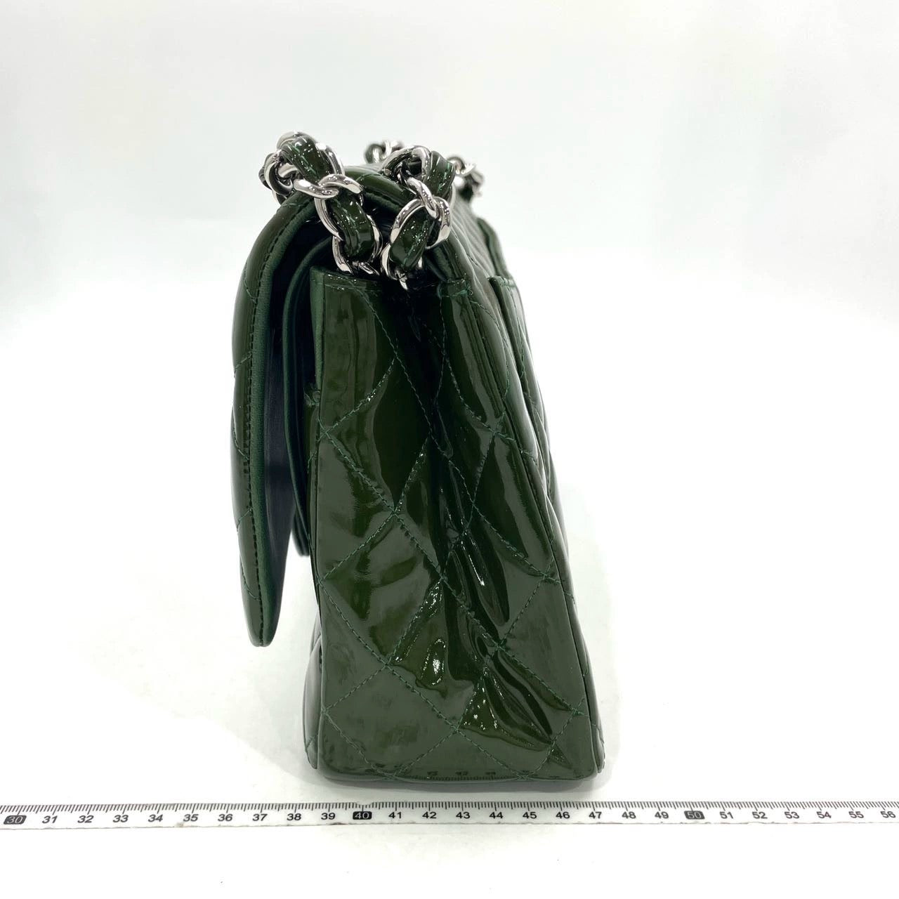 Chanel Classic Flap Jumbo Patent Hardware Green Silver Leather Handbag Silver Hardware