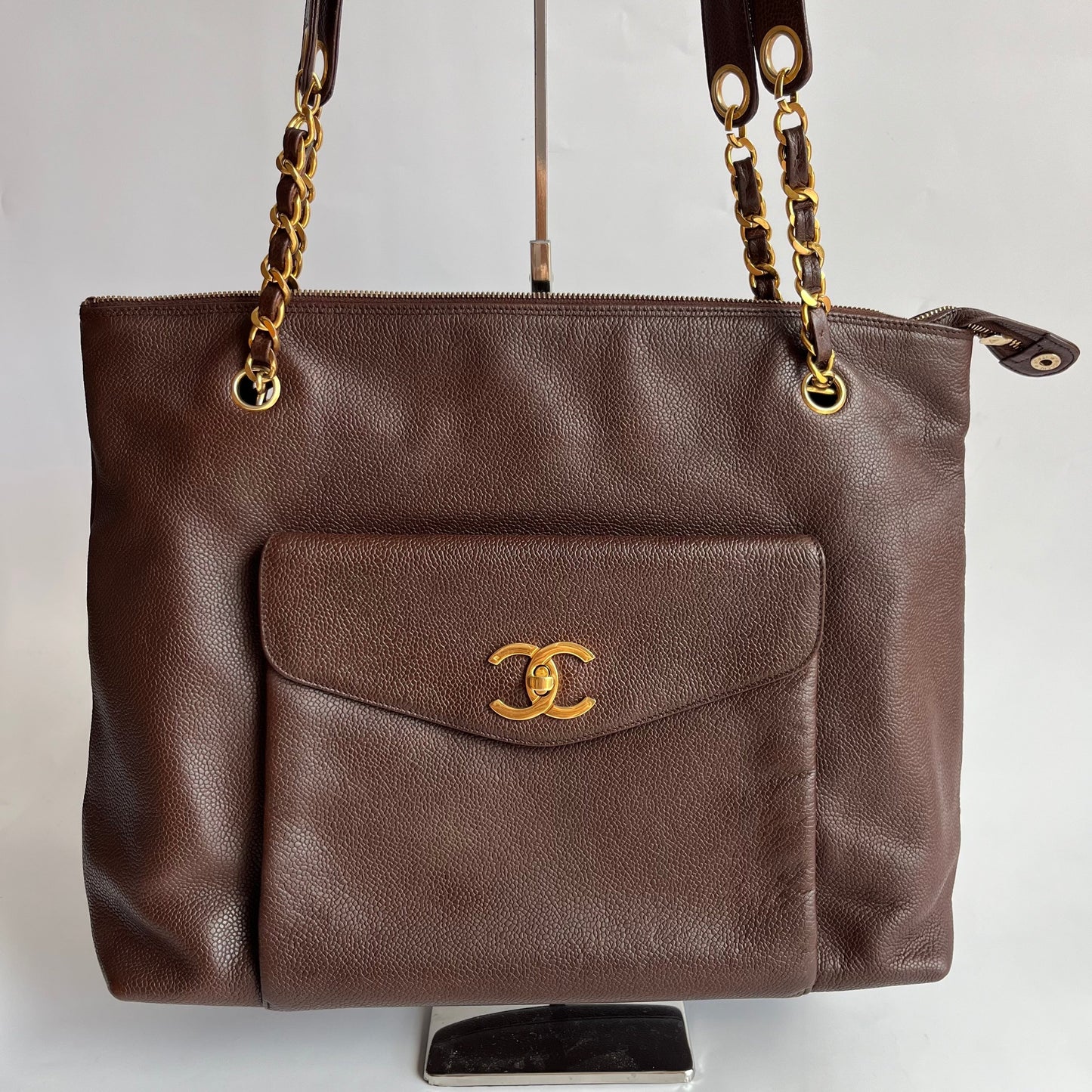 Chanel Front Pocket Chocolate Caviar Double Brown Gold Leather Tote Bag