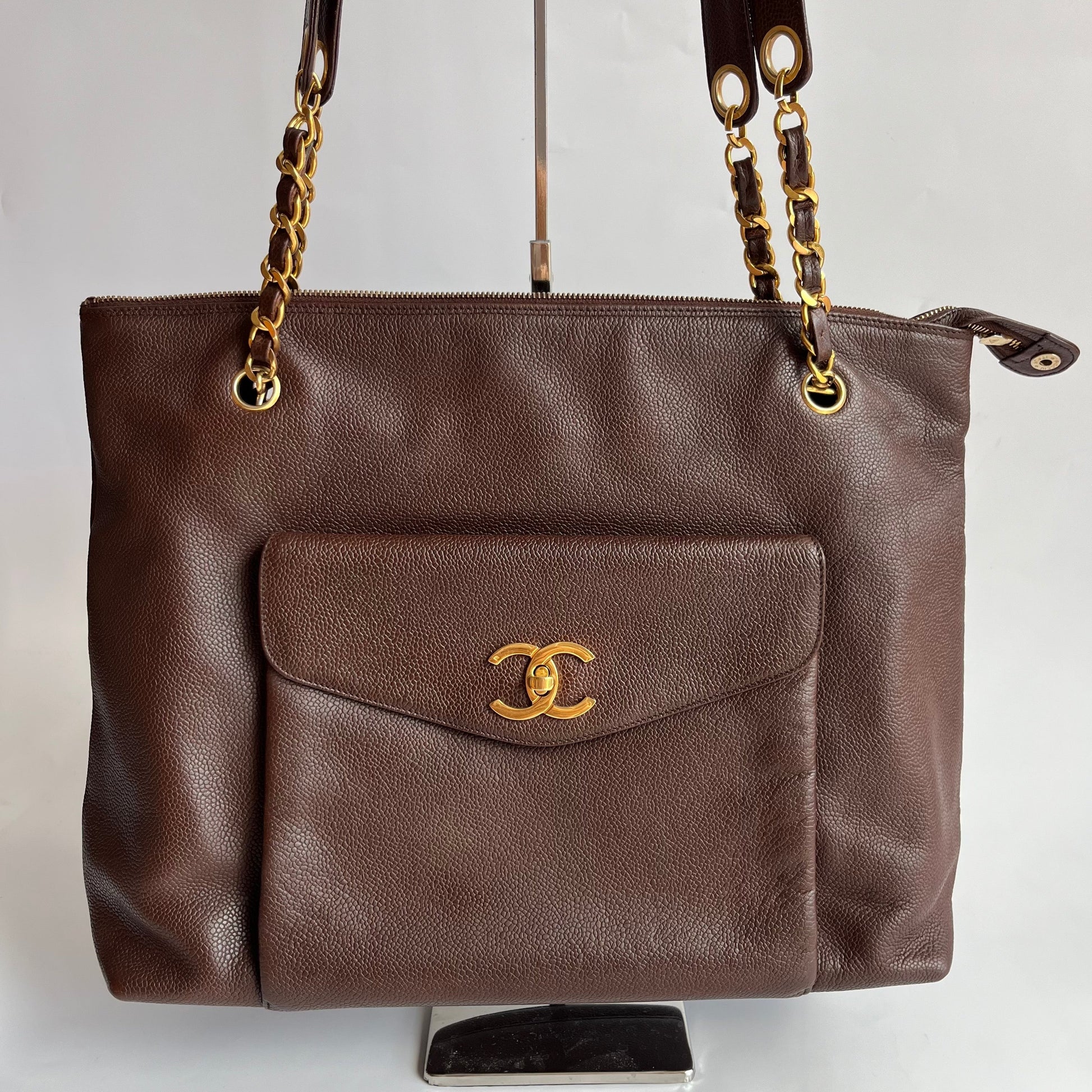 Chanel Front Pocket Chocolate Caviar Double Brown Gold Leather Tote Bag