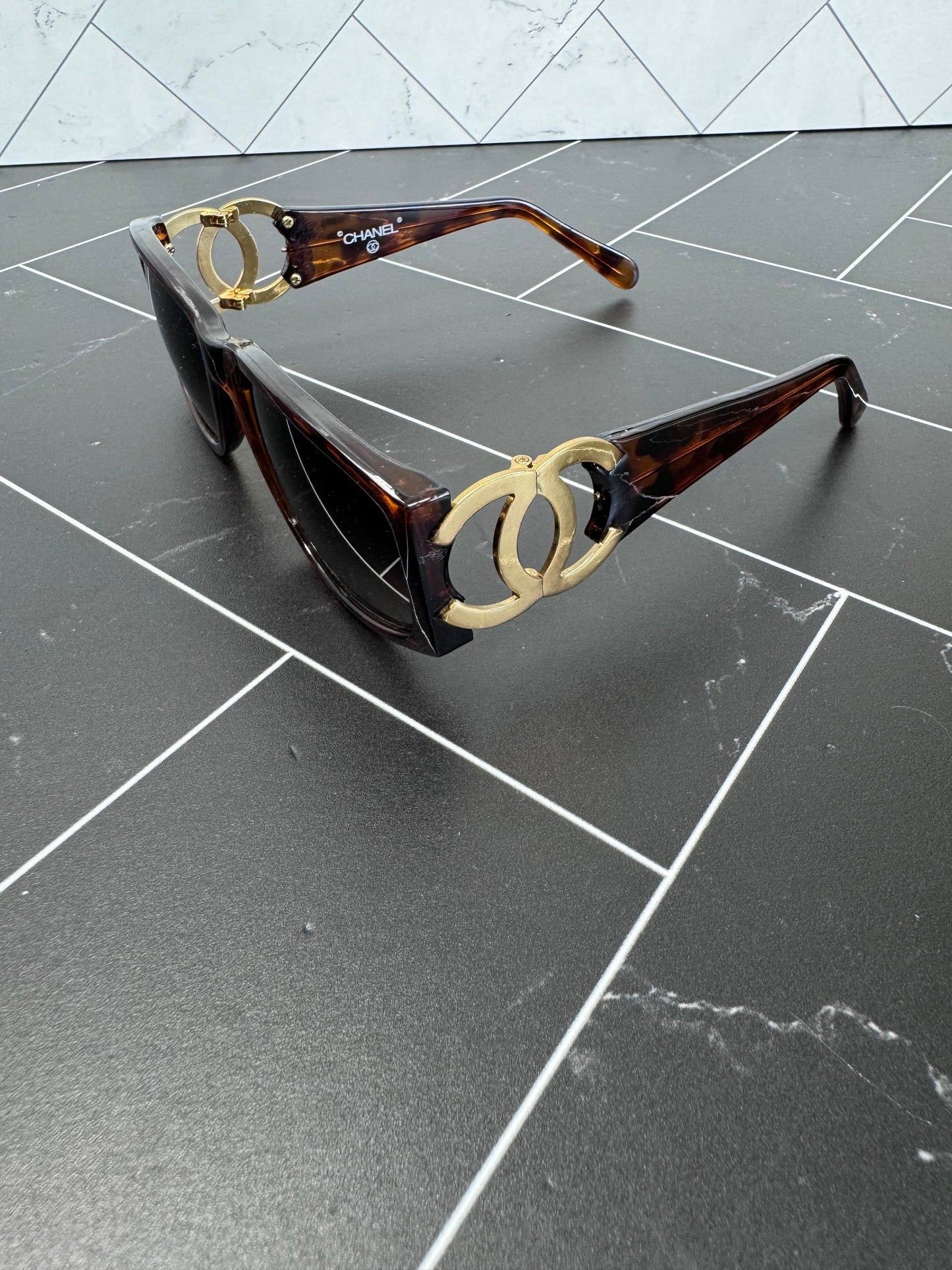 Chanel Brown and Gold Logo Sunglasses