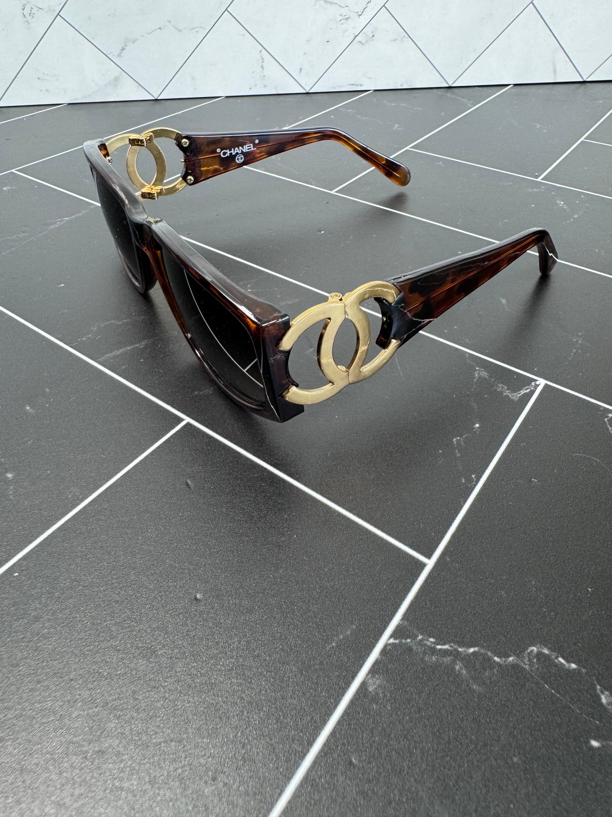Chanel Brown and Gold Logo Sunglasses