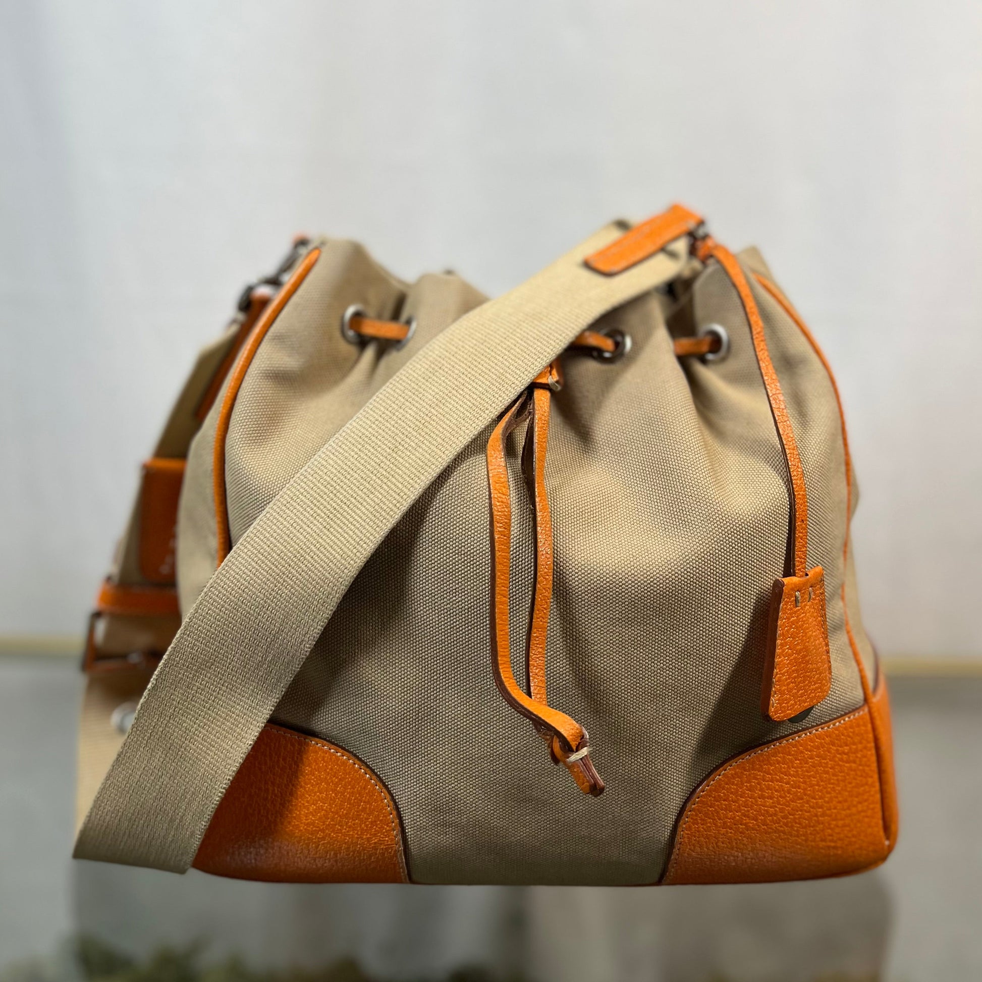 Prada Drawstring Bags Leather Canvas Orange Bucket Bag