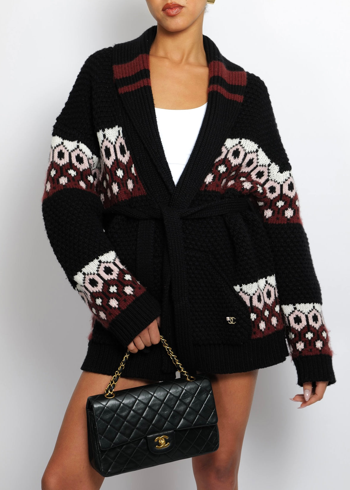 Chanel Black Cashmere Knit Belted Cardigan With Red, White, And Pink Pattern With Cc Logo Detail Size Fr 38 (Uk 10) Bag