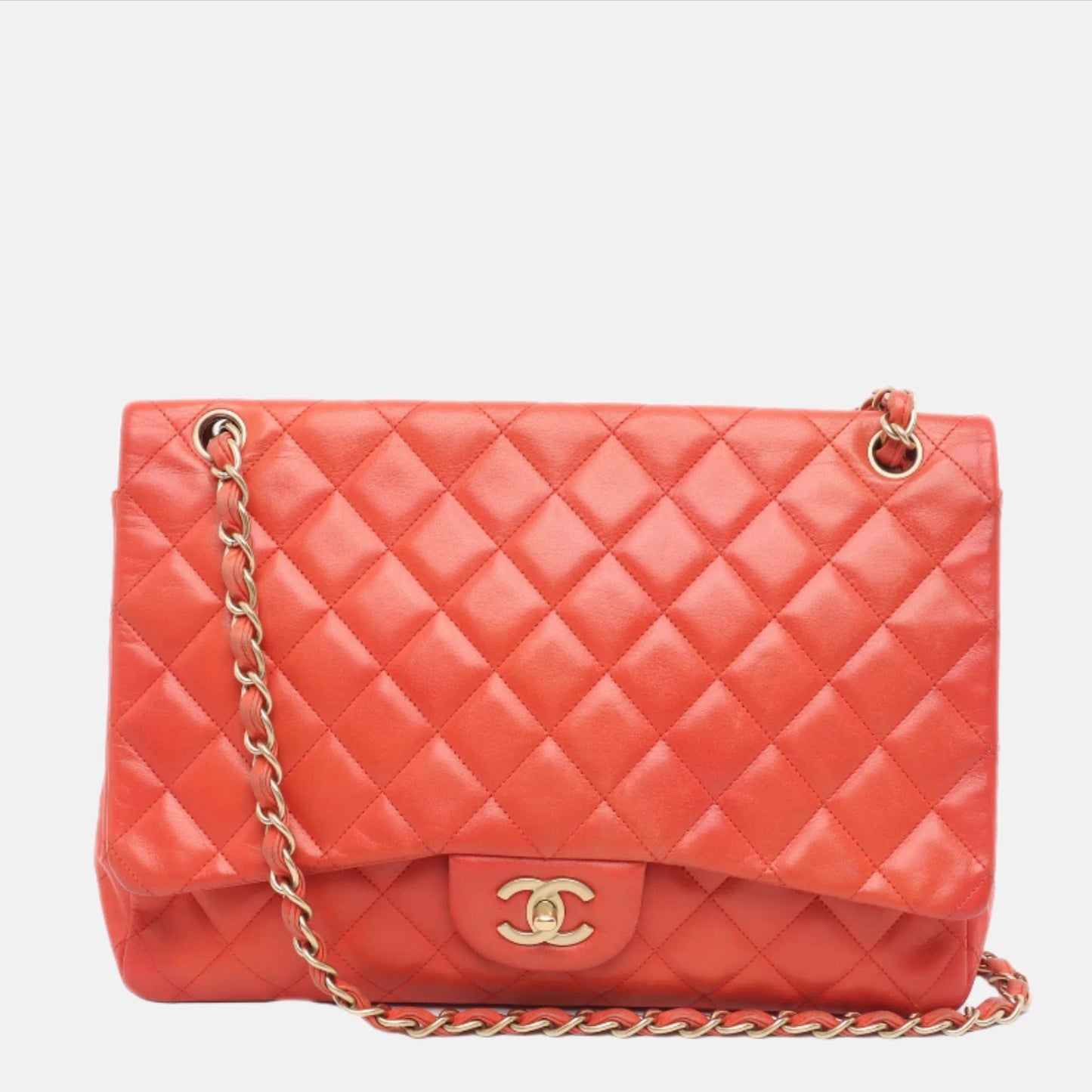Chanel Classic Flap Maxi Lambskin -tone Hardware Red Gold Leather Handbag