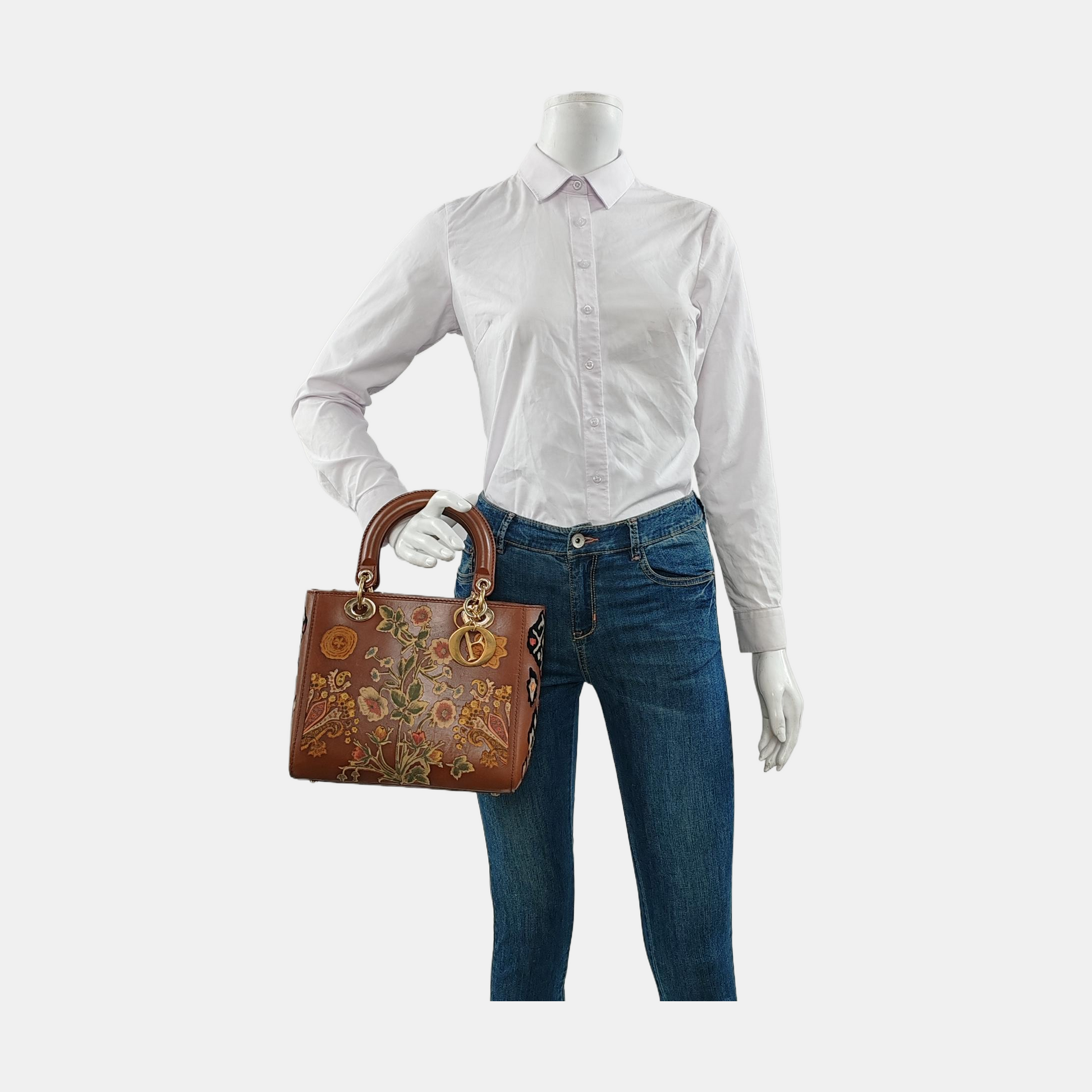 Dior Lady K Original Masters Floral Carved Calfskin Brown Medium Travel Bag