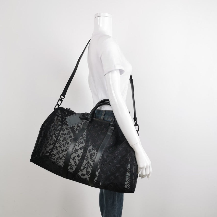 Louis Vuitton Keepall Bandouliere Mesh 50 Mesh Monogram Leather Black Travel Bag