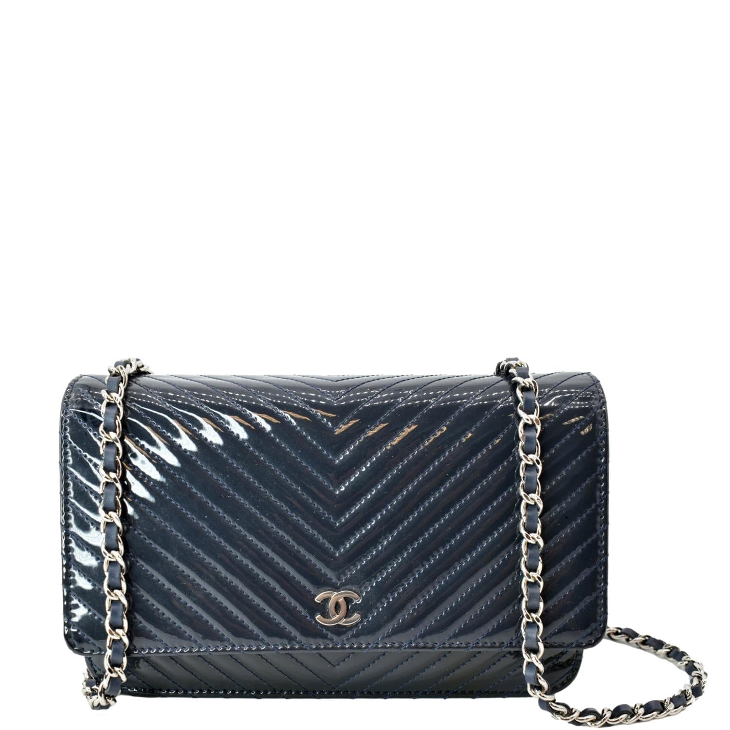 Chanel WOC Chevron Patent On Leather Blue Wallet Case