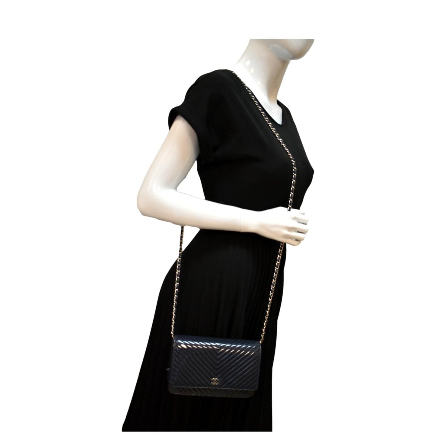 Chanel WOC Chevron Patent On Leather Blue Wallet Case