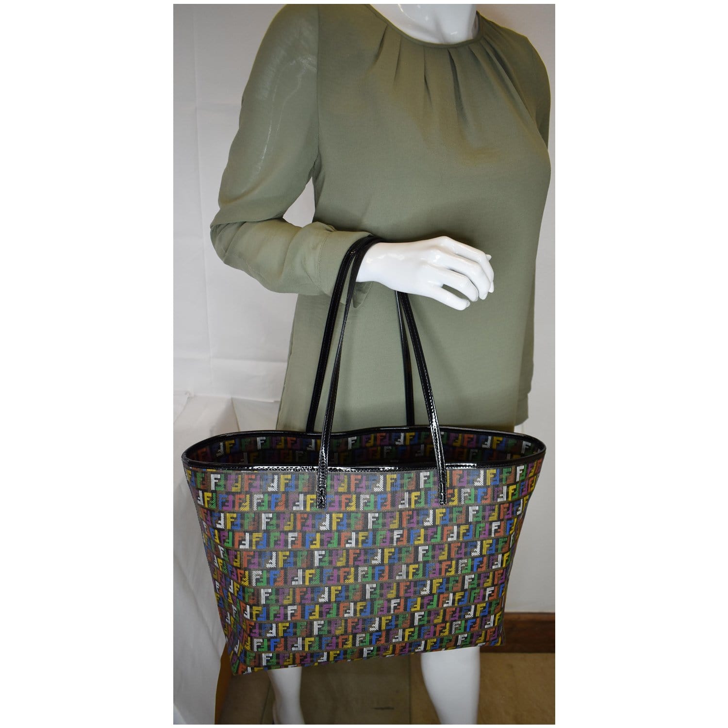 Fendi Zucca Print Roll Shoulder Tote Bag Canvas Multicolor Shoulder Bag
