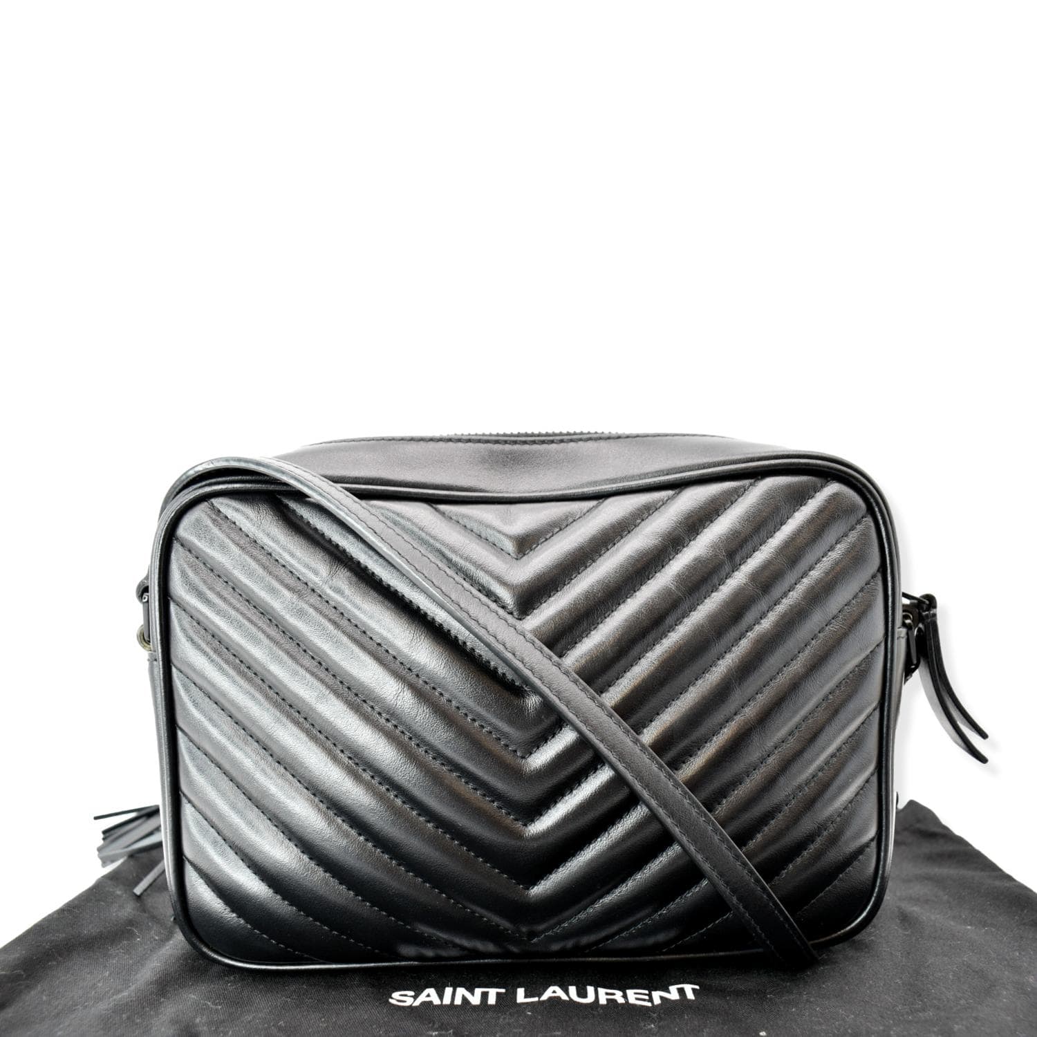YSL Saint Laurent Yves Lou Chevron Camera Crossbody Bag Leather Black Loulou Camera Bag