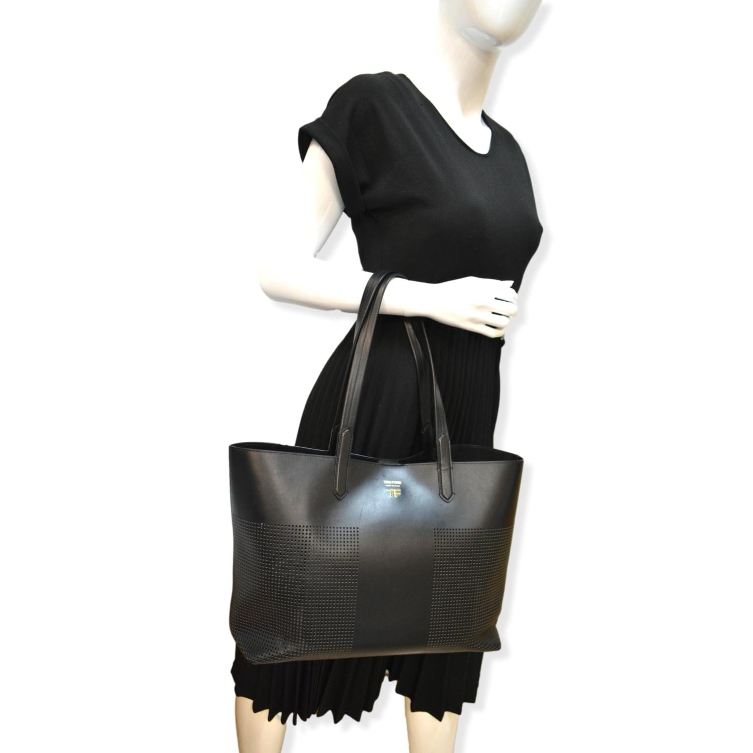 Tom Ford East West Graphic Perforated Tote Bag Leather Black Shoulder Bag